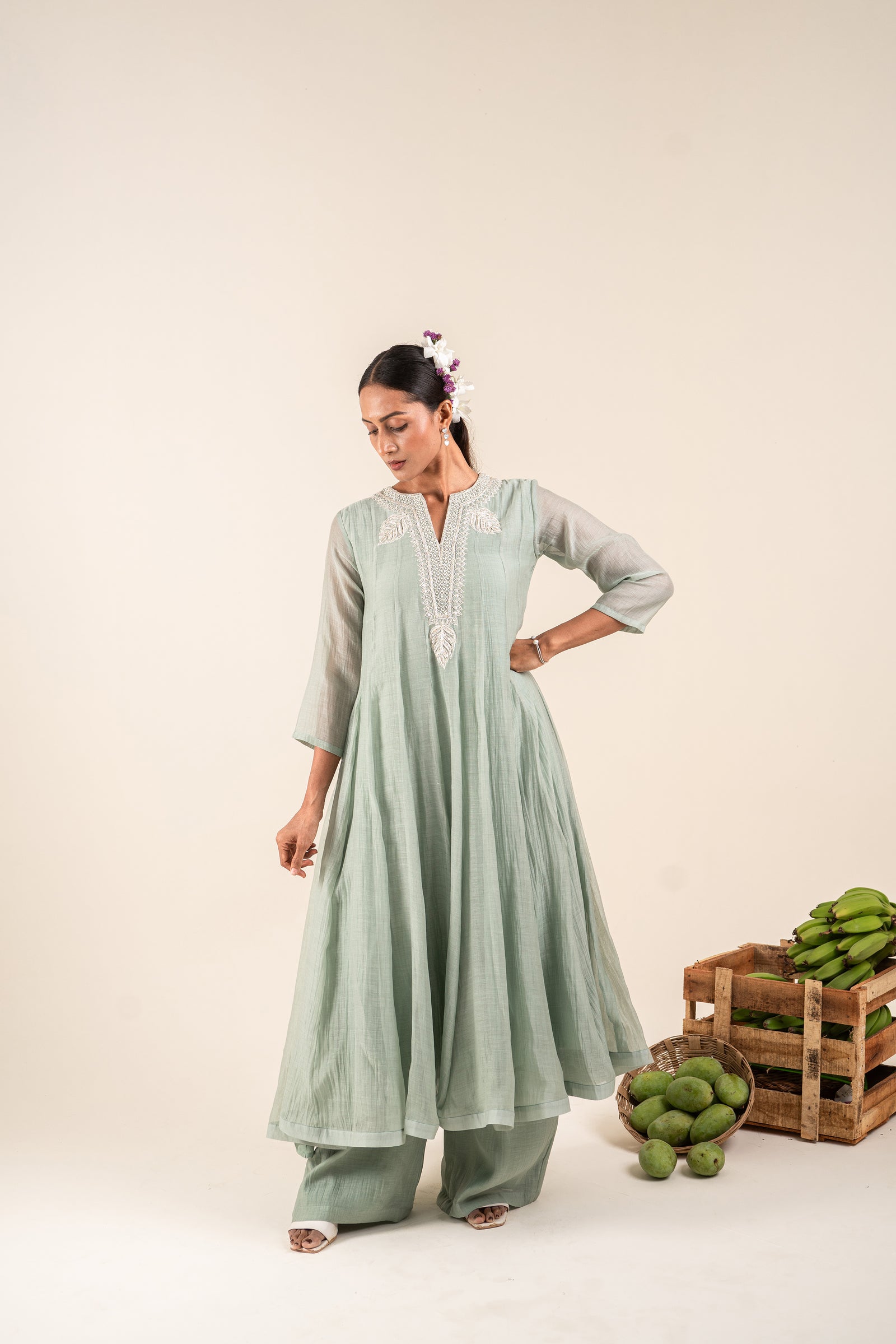 An Ocean Blue Kurta Set With Hand-Embroidered Thread Work