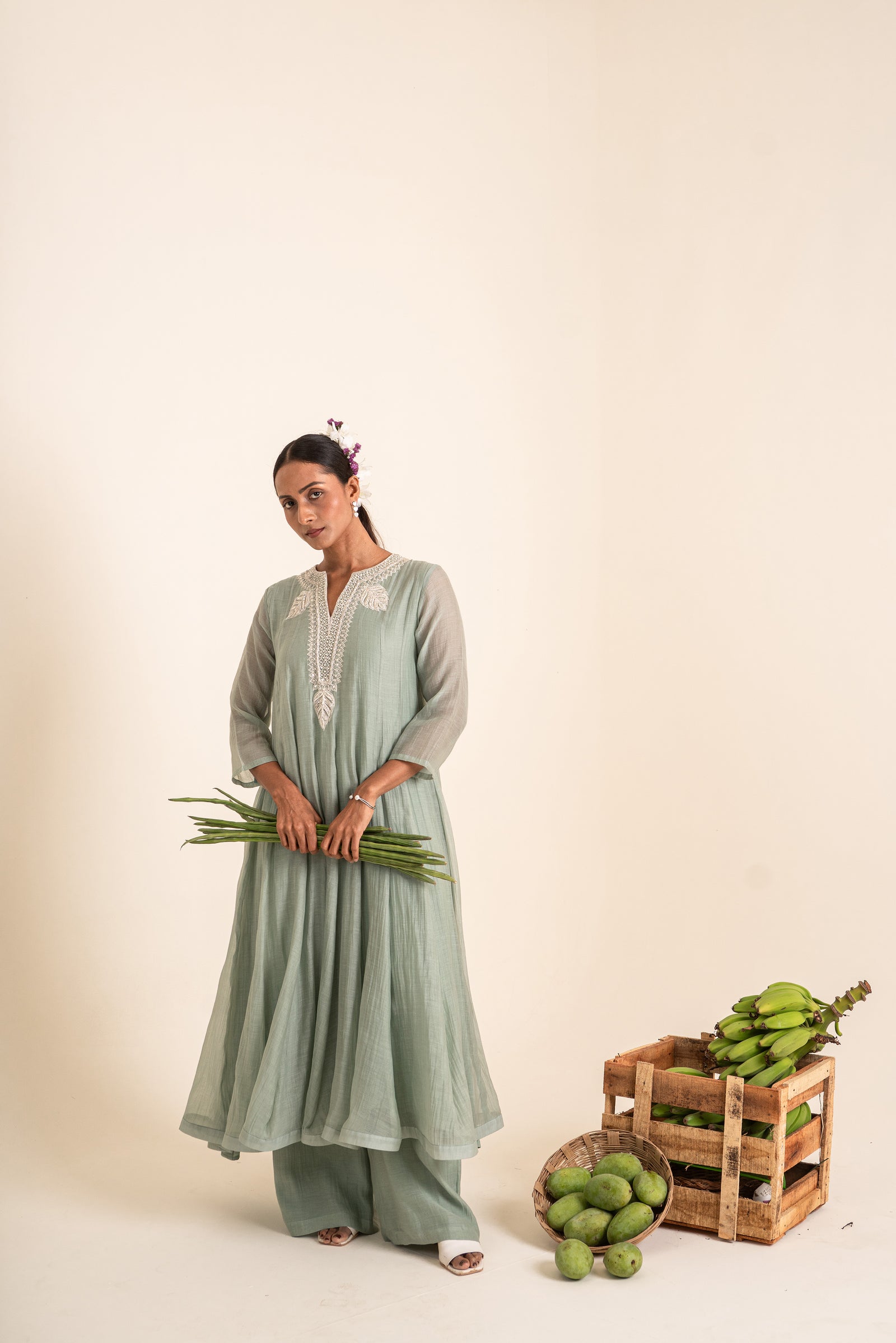 An Ocean Blue Kurta Set With Hand-Embroidered Thread Work