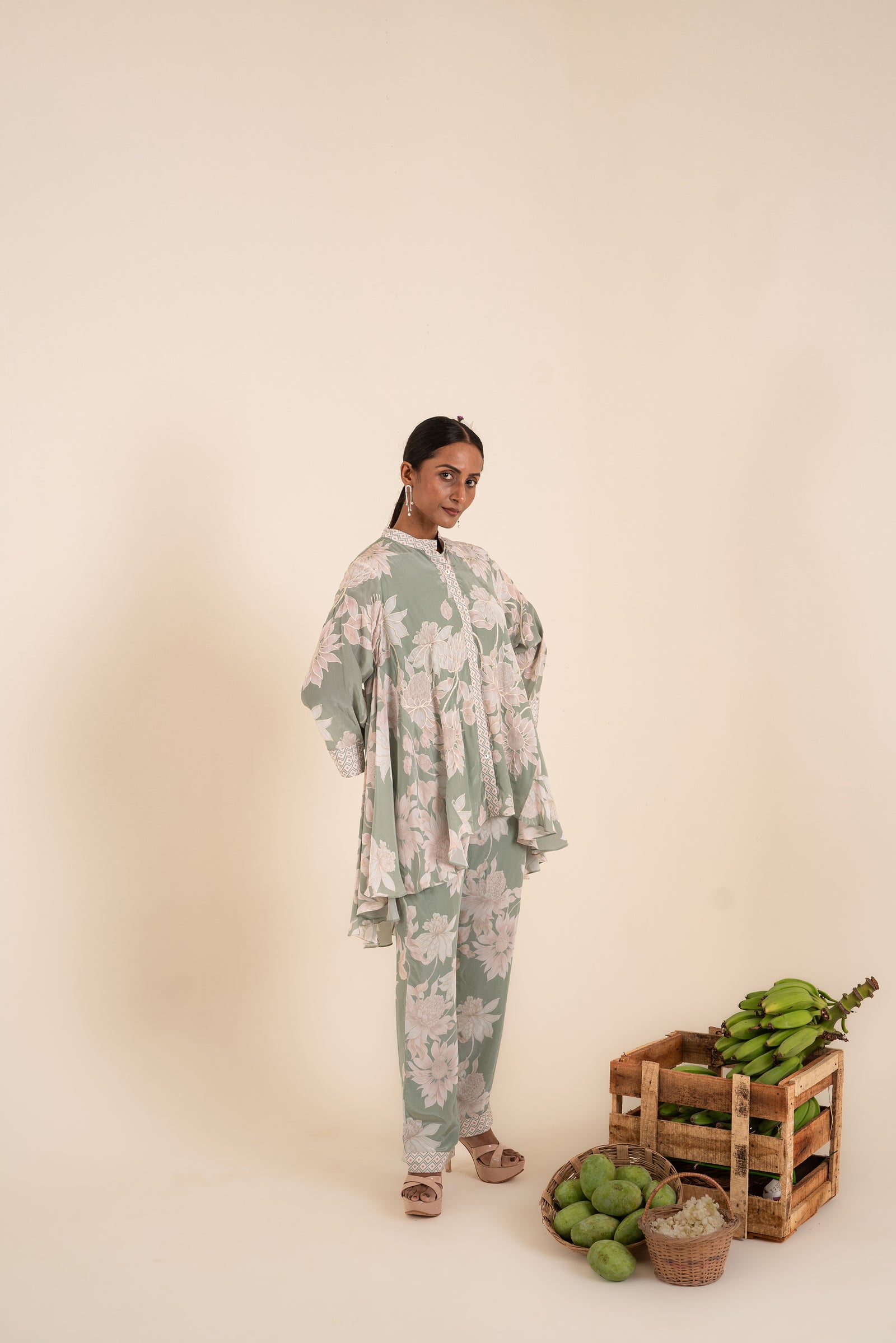 An Ocean Blue Floral Printed A-Line Patch Kali Co-Ord Set