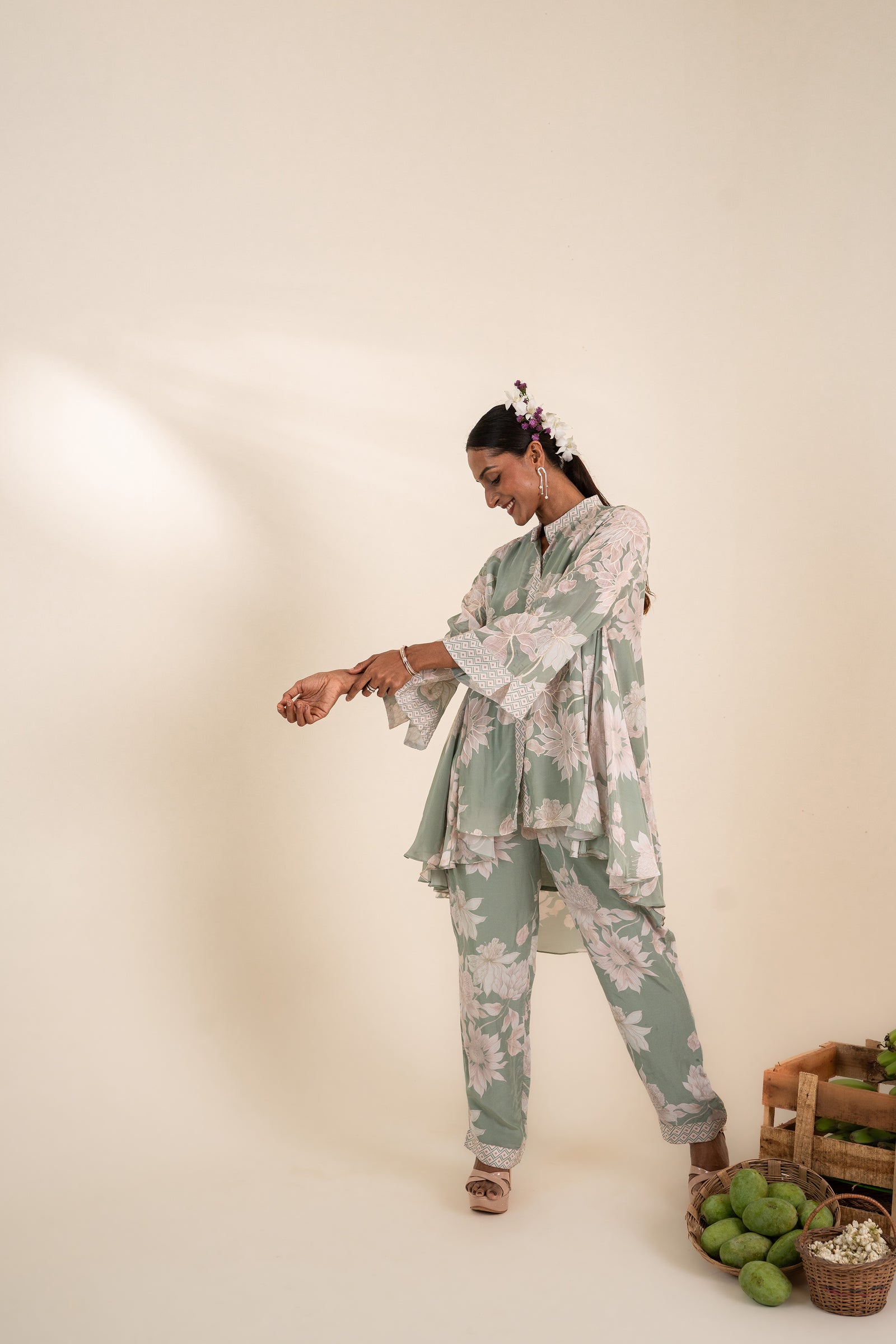 An Ocean Blue Floral Printed A-Line Patch Kali Co-Ord Set