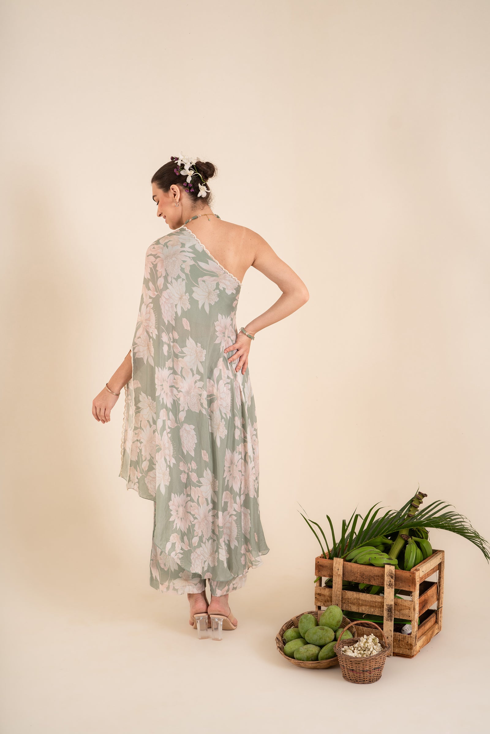 Floral Printed Ocean Blue One Shoulder Top With Palazzo Pants