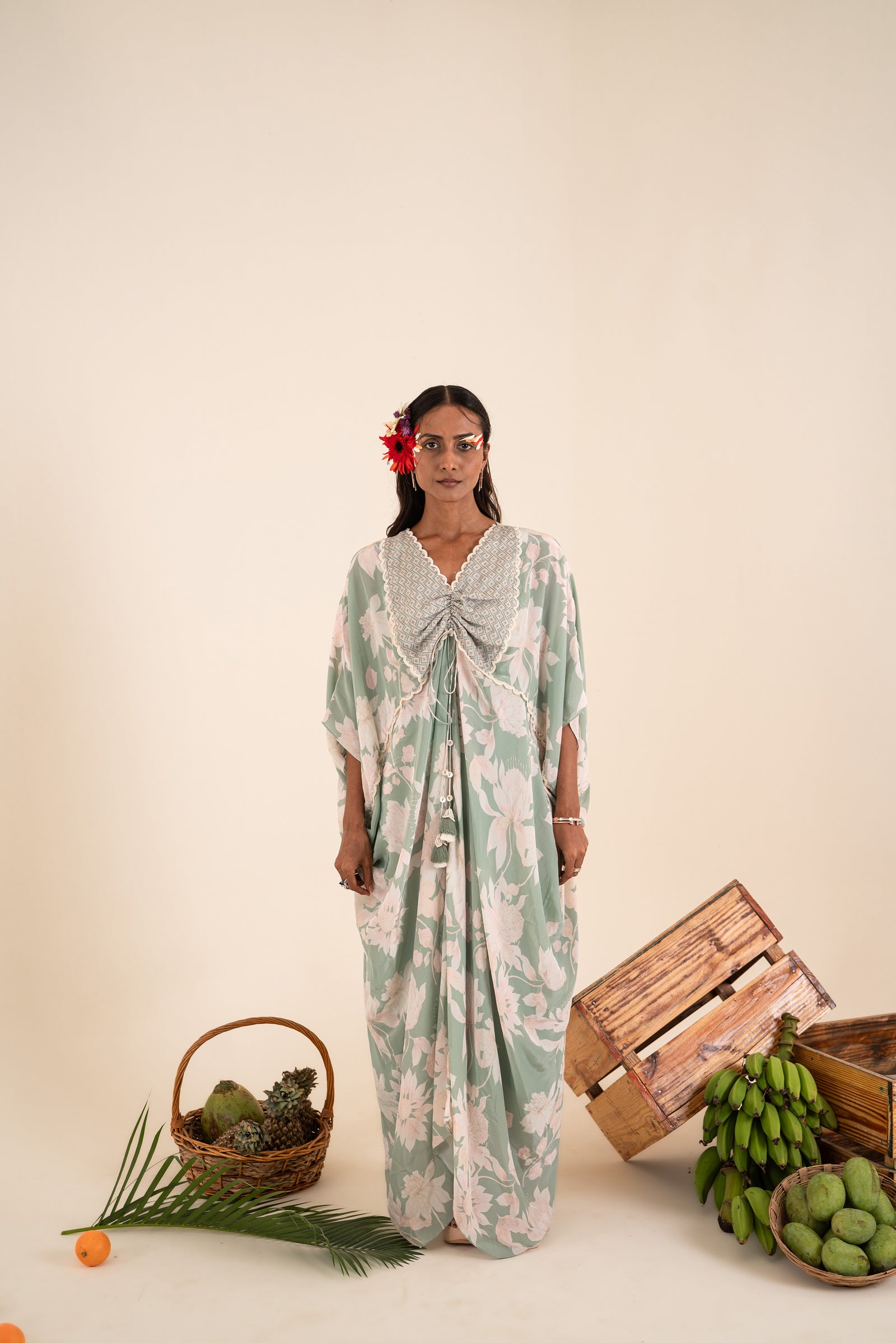 Ocean Blue Printed Cowl Kaftan Set