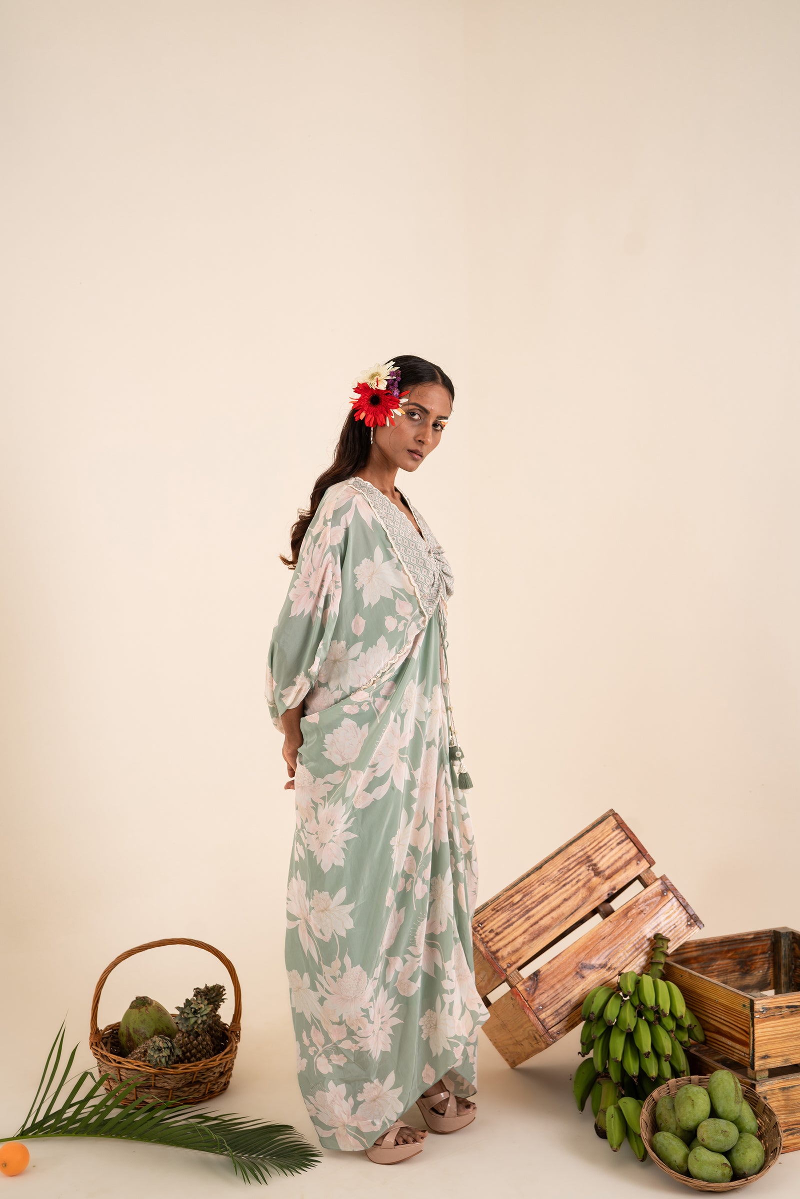 Ocean Blue Printed Cowl Kaftan Set