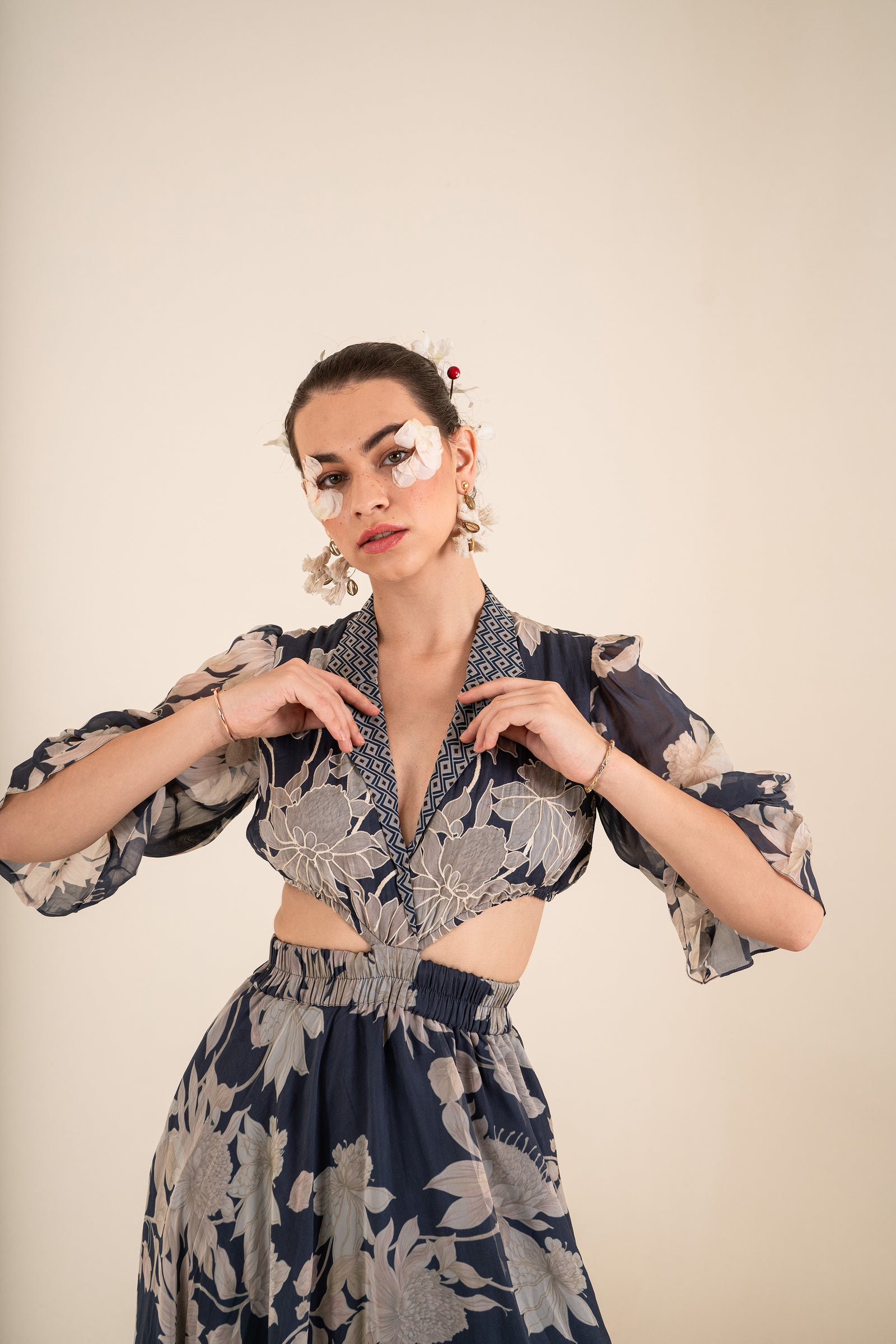 A Floral Printed Indigo Blue Side Cut Long Dress