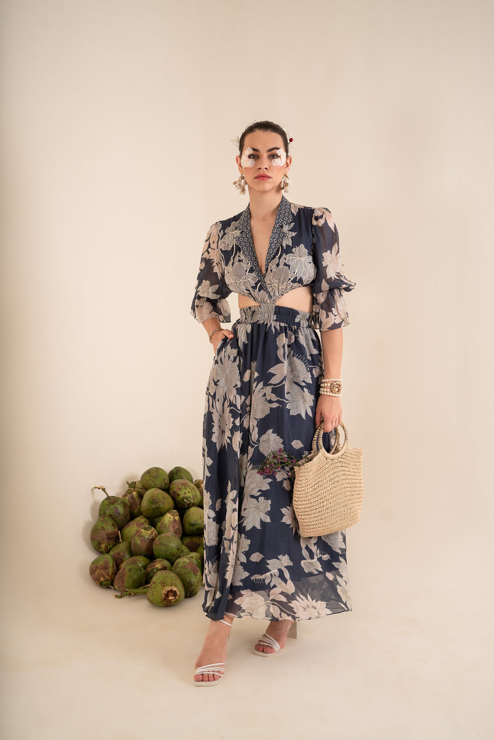 A Floral Printed Indigo Blue Side Cut Long Dress