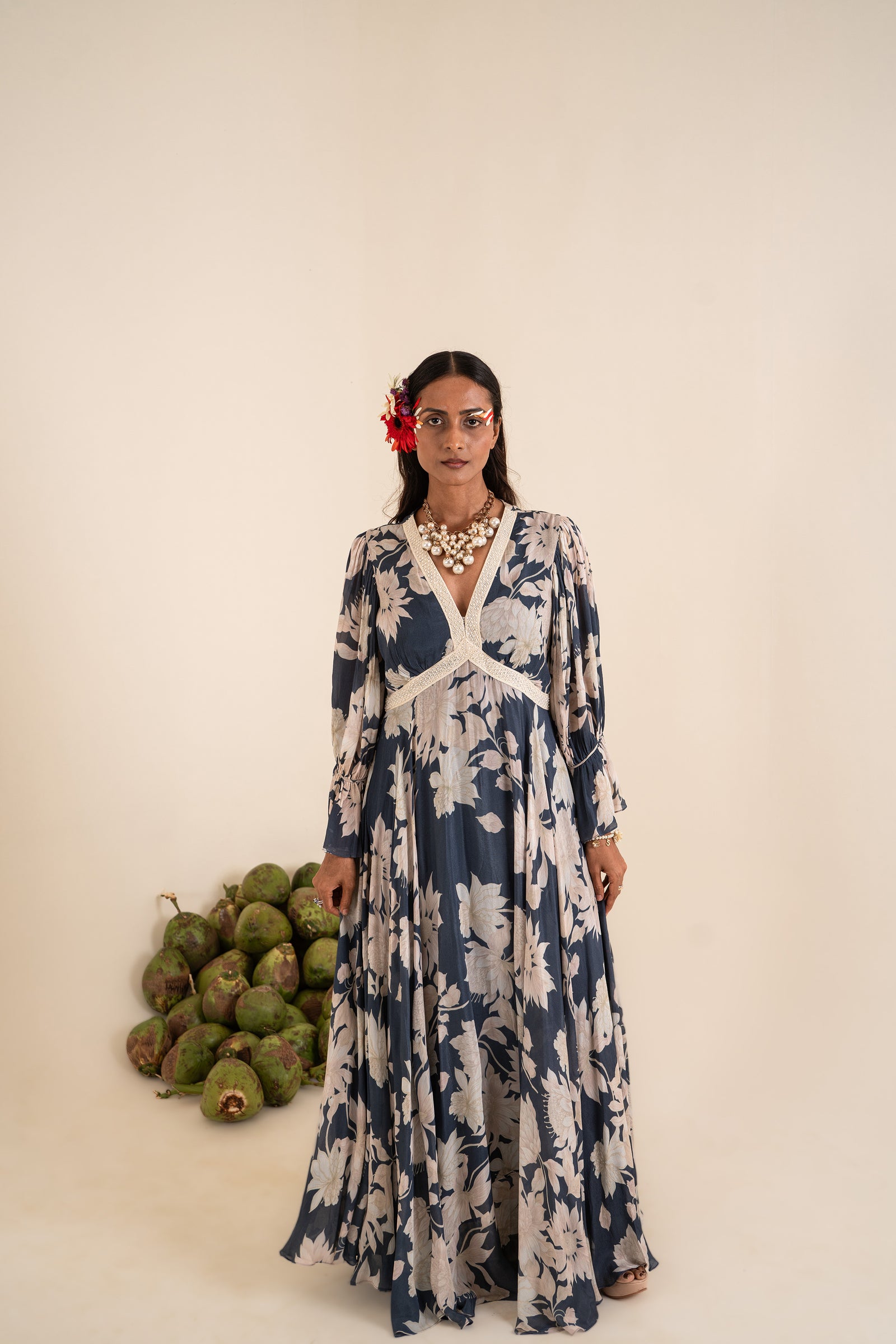 Indigo Blue Floral Printed Dress Crafted In Chinnon Chiffon