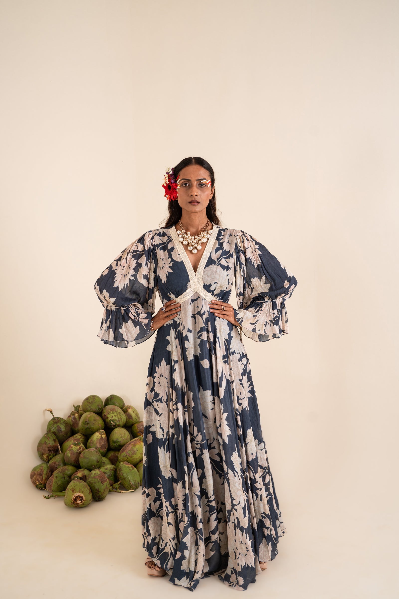 Indigo Blue Floral Printed Dress Crafted In Chinnon Chiffon