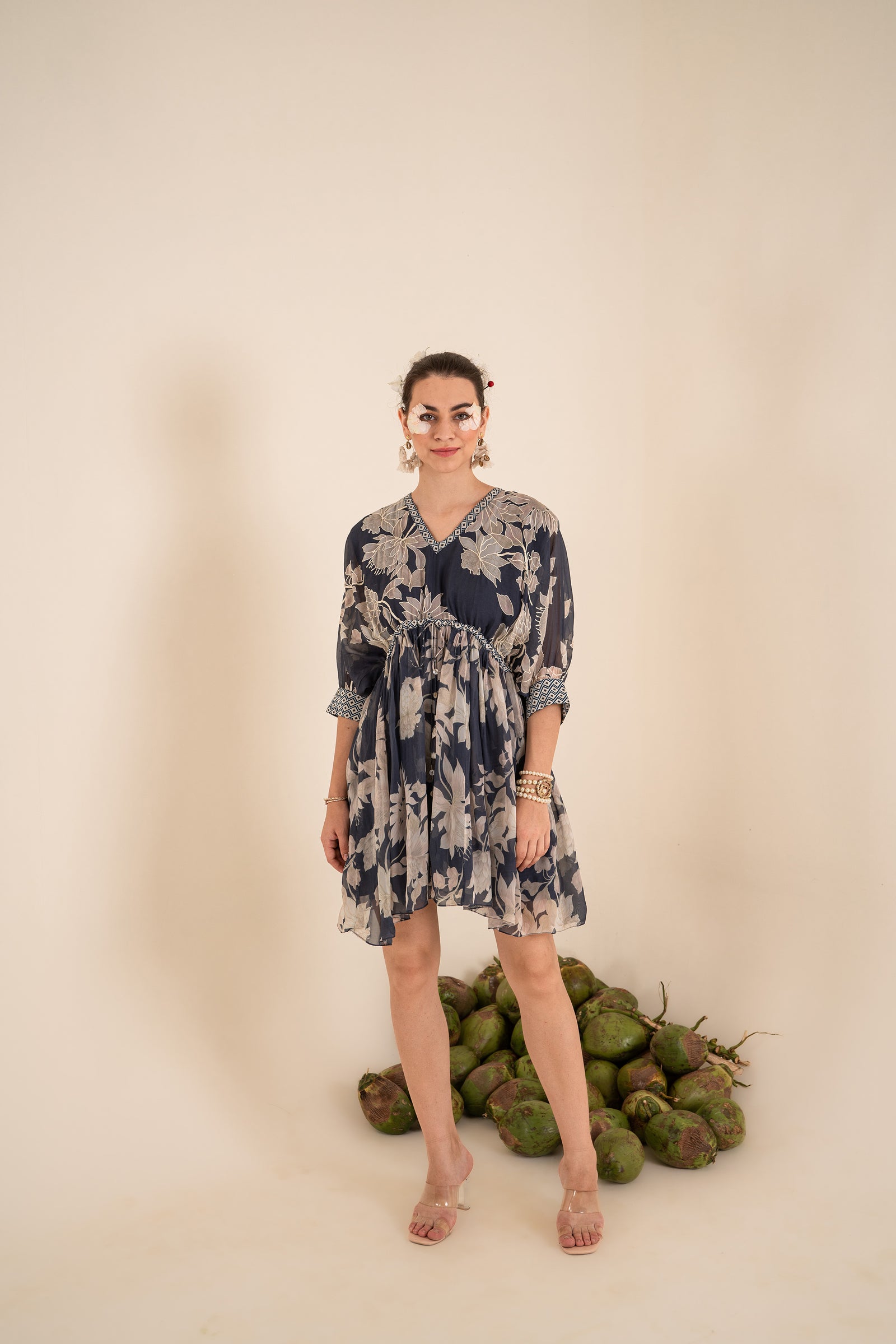 An Indigo Blue Floral Printed Tie-Up One Piece Dress With Tassels