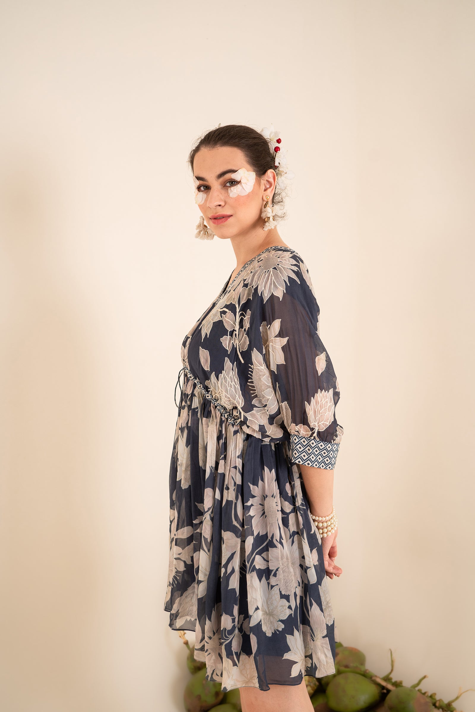 An Indigo Blue Floral Printed Tie-Up One Piece Dress With Tassels