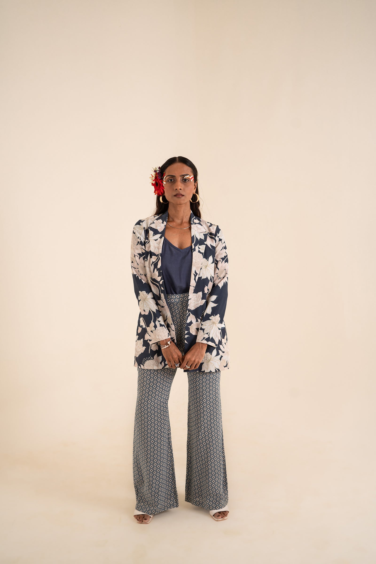 A Floral Printed Indigo Blue Jacket Set