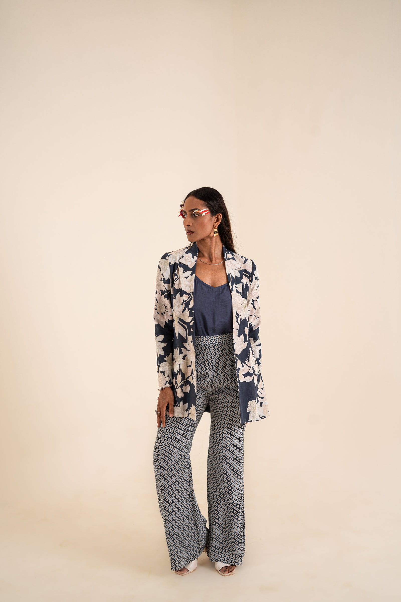 A Floral Printed Indigo Blue Jacket Set