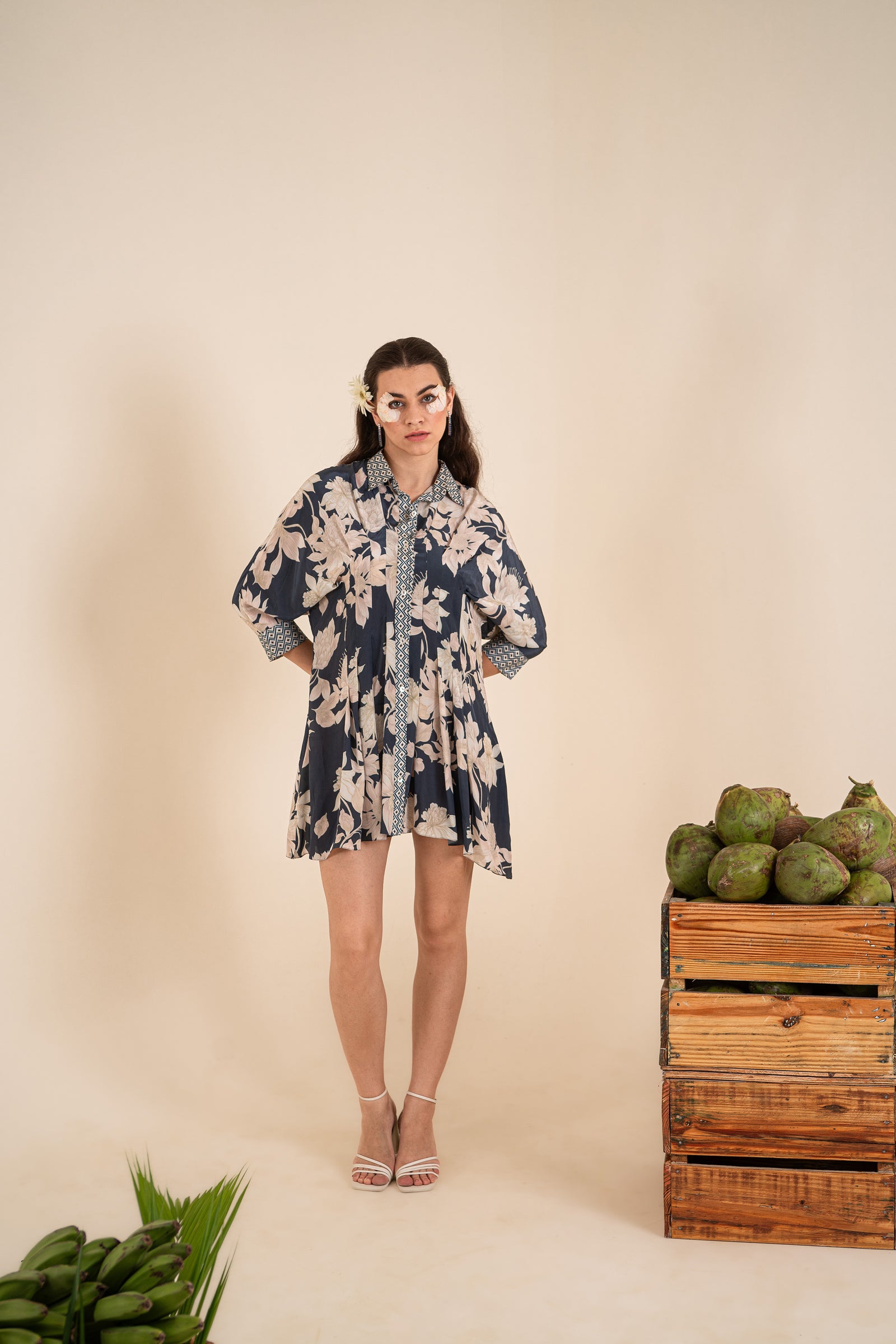 An Indigo Blue Floral Printed Short Shirt Dress