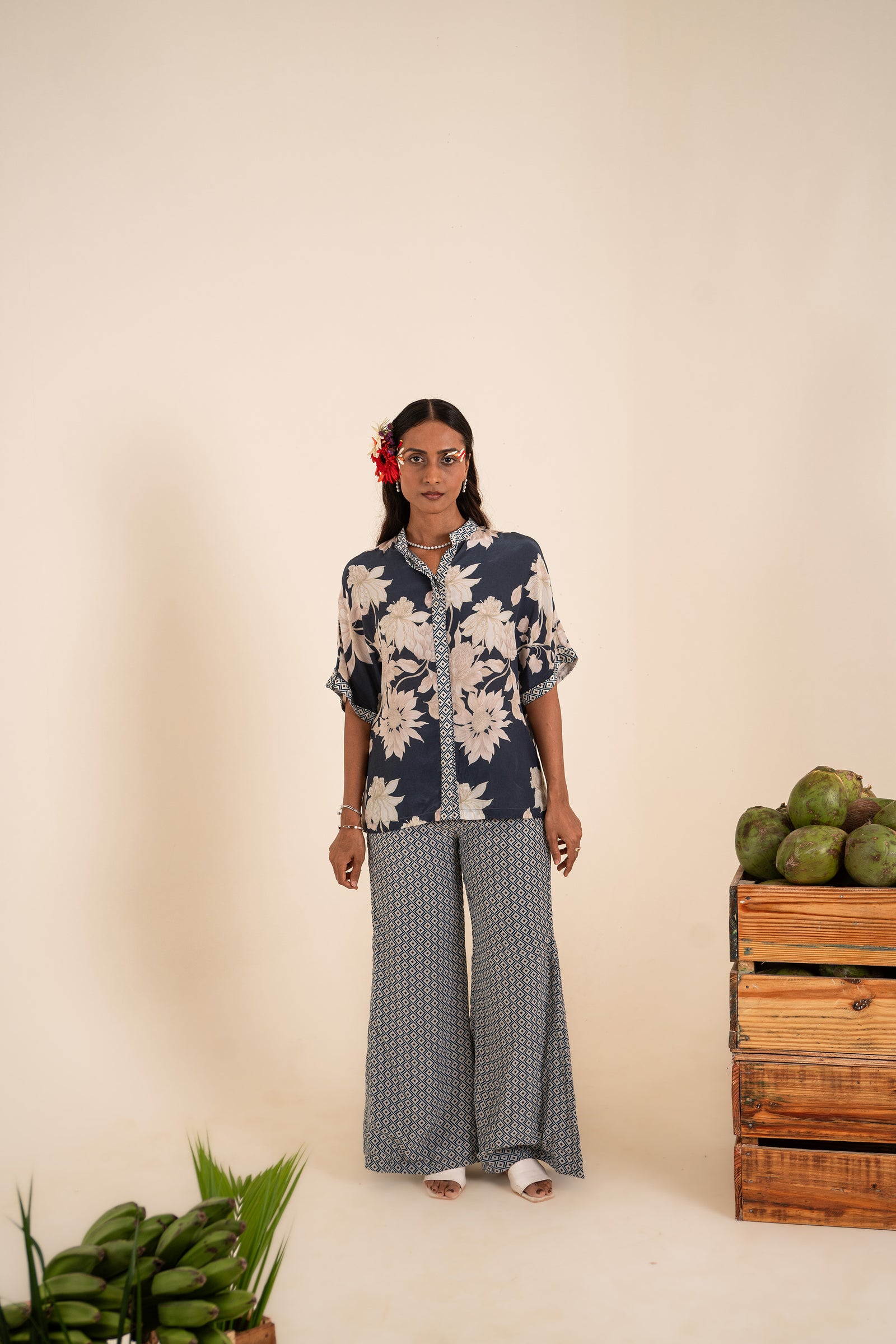 A Floral Printed Indigo Blue Co-Ord Set