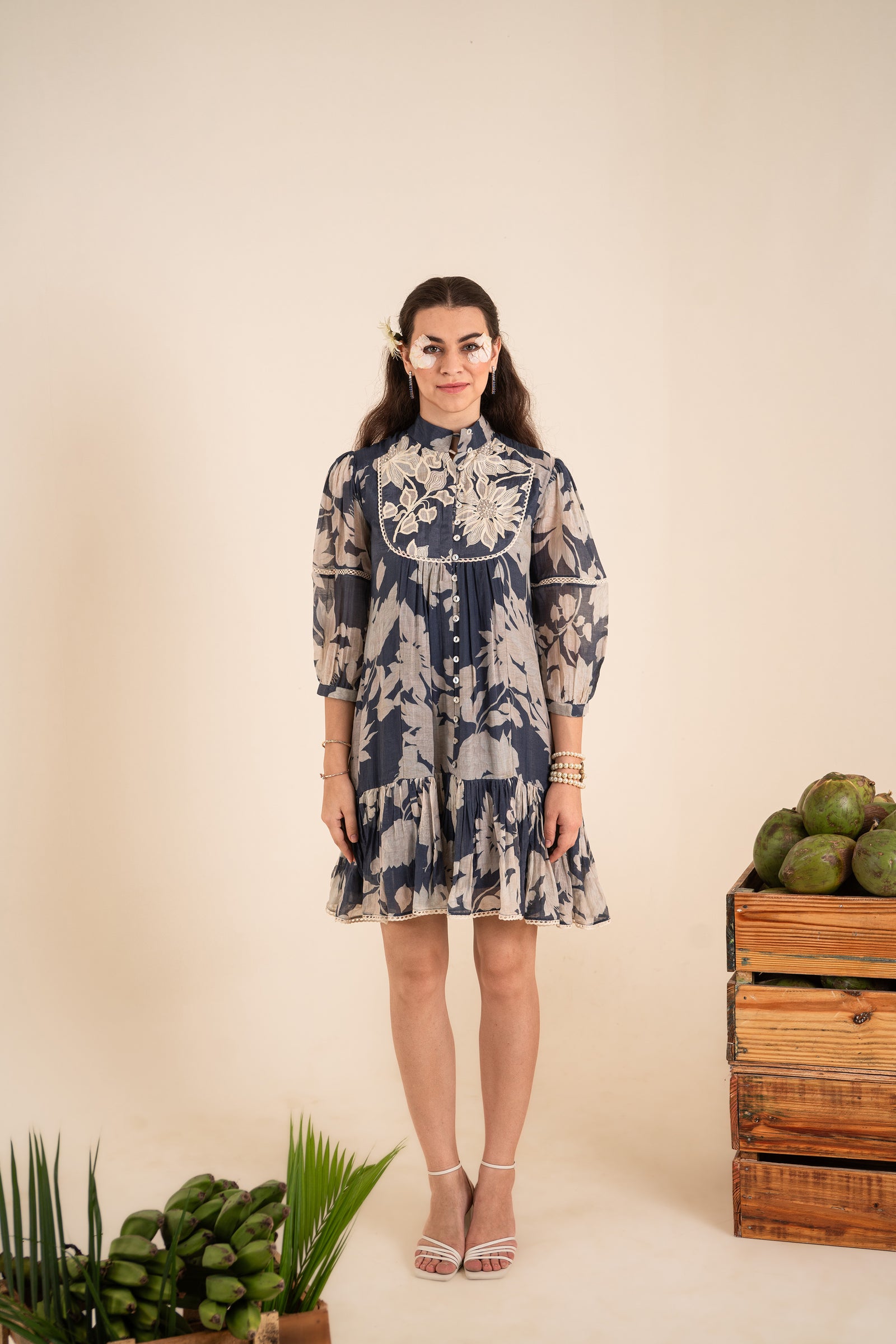 Indigo Blue Printed One-Piece With Aari Work