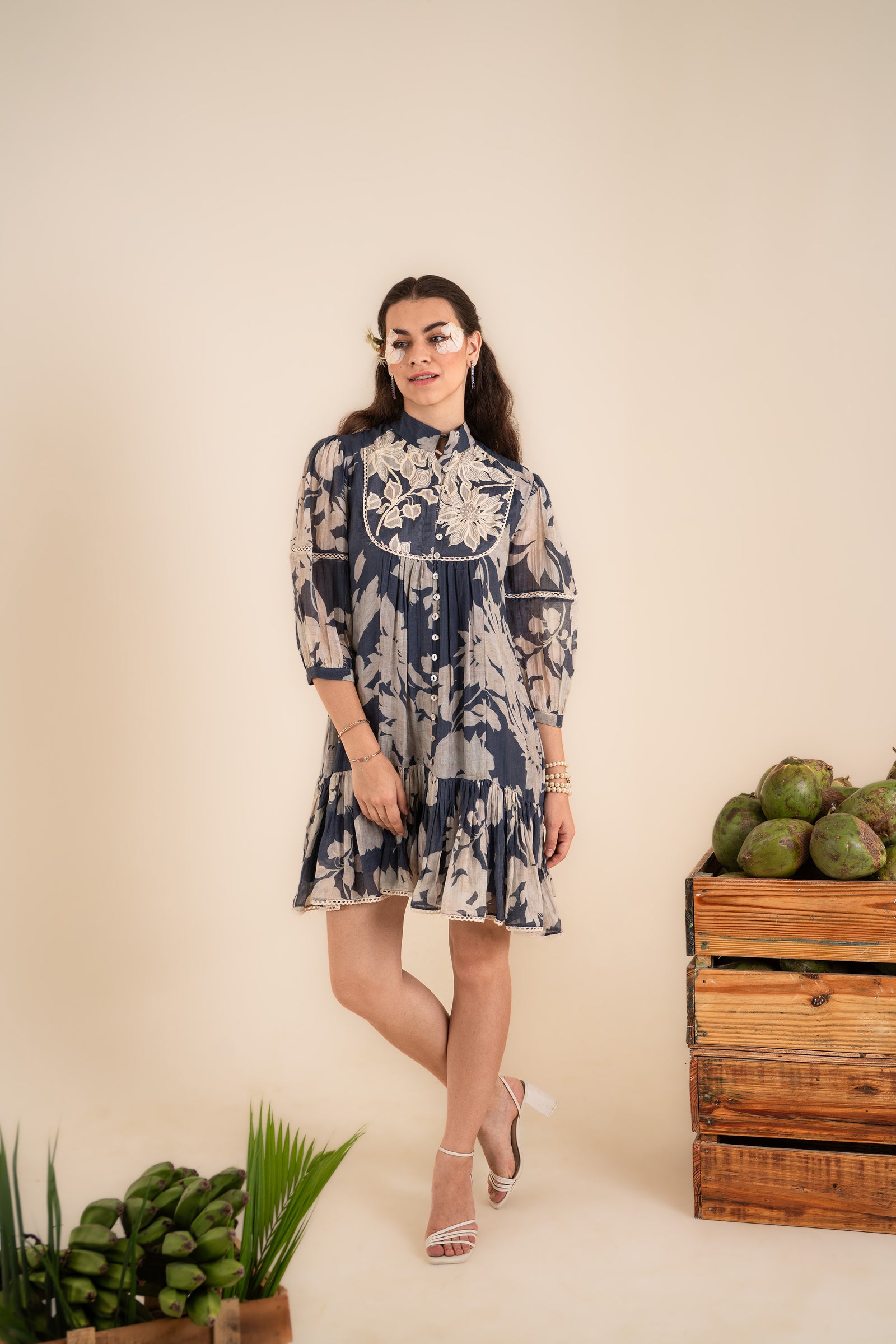 Indigo Blue Printed One-Piece With Aari Work