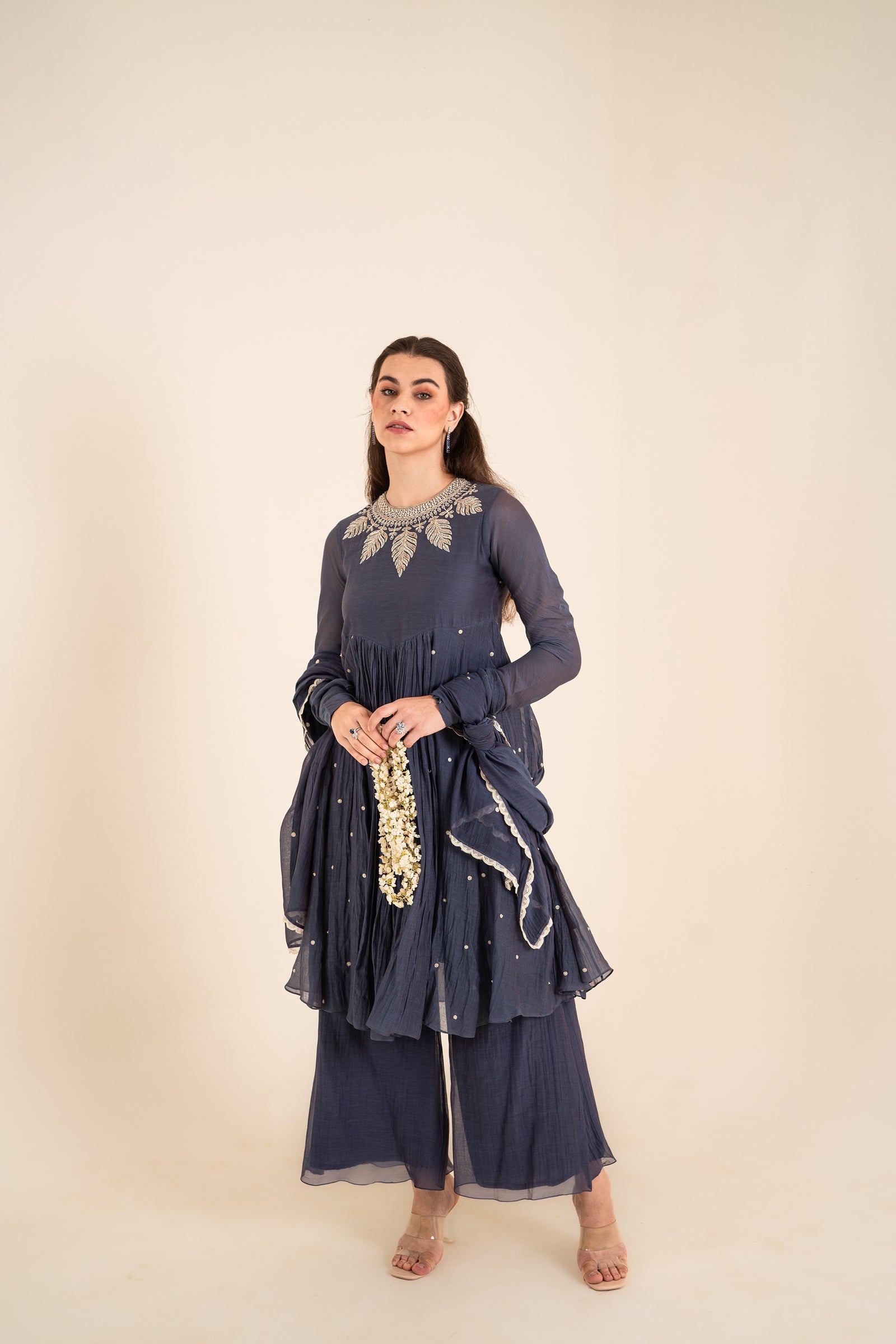 A Kurta Set In Indigo Blue Color Embellished With Aari Work