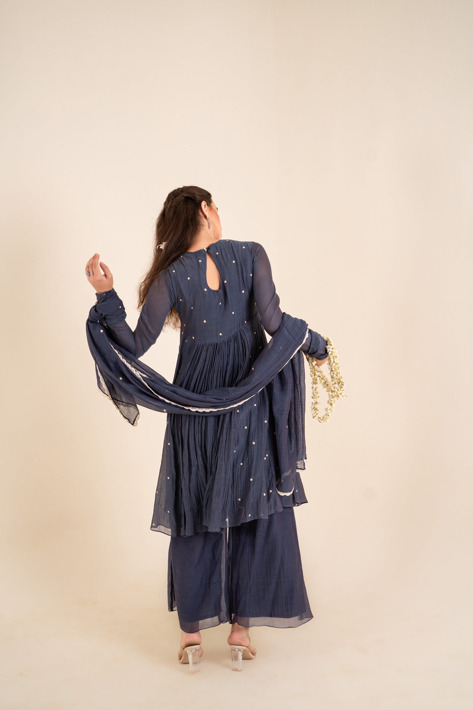 A Kurta Set In Indigo Blue Color Embellished With Aari Work