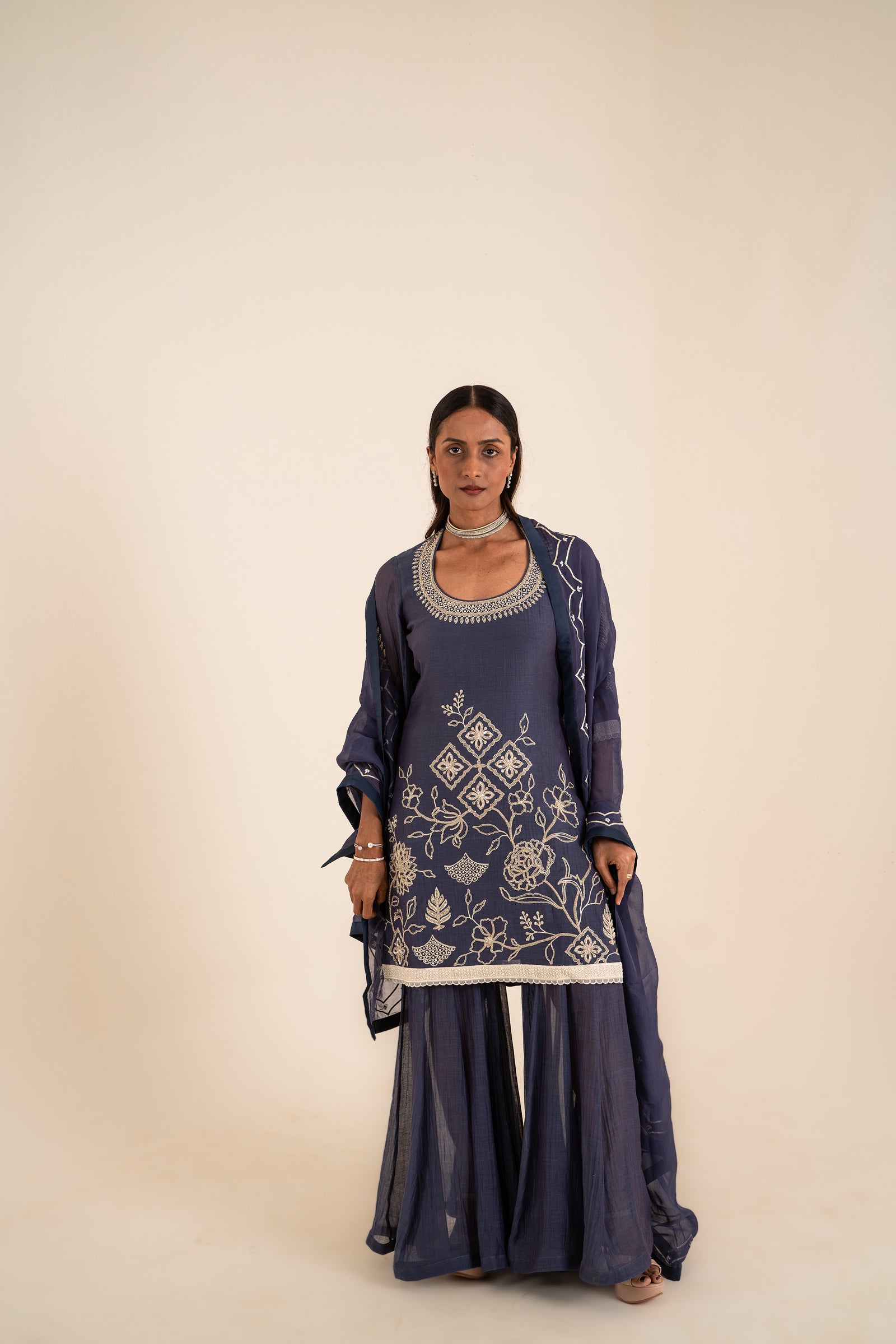 An Indigo Blue Sharara Set Embellished With Aari Work