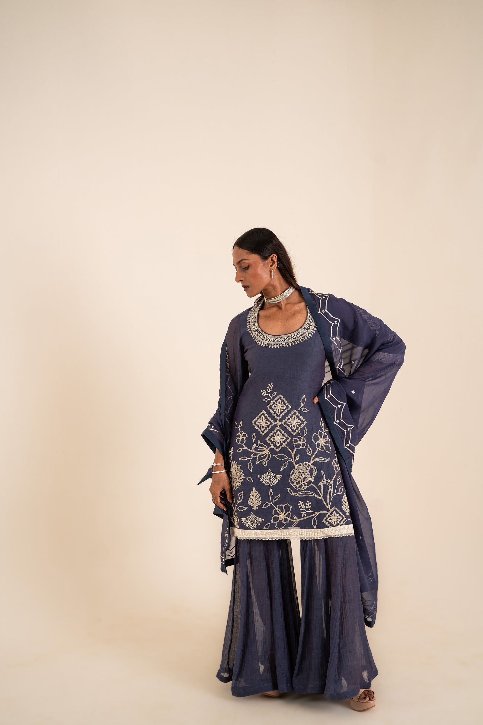 An Indigo Blue Sharara Set Embellished With Aari Work