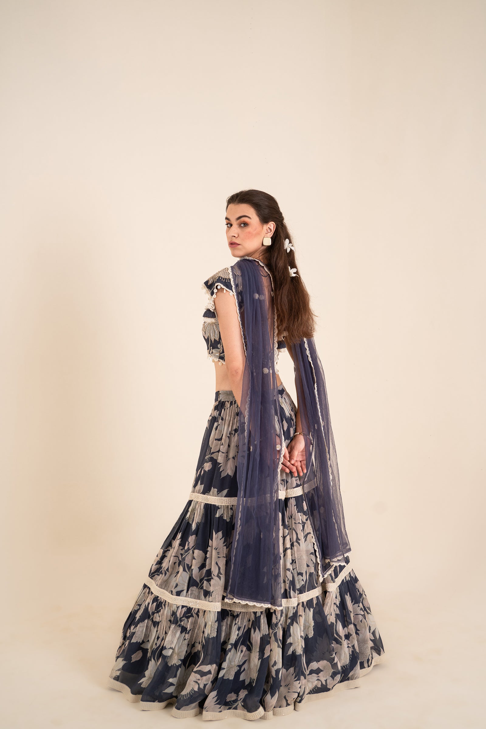 A Flowery Printed Layered Lehenga Set