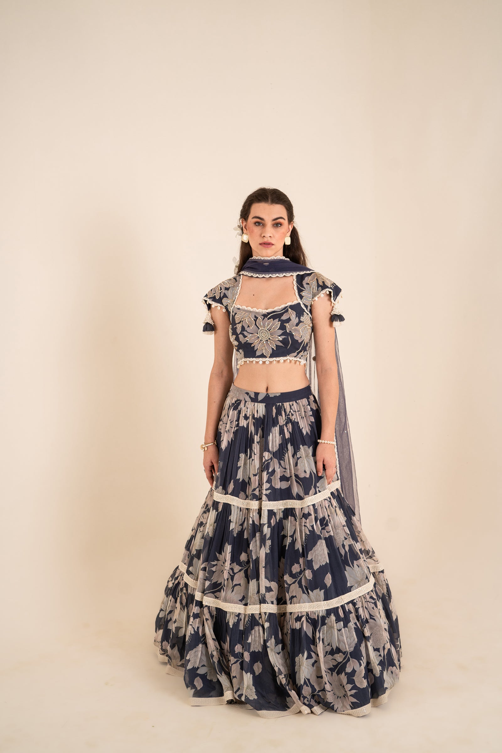 A Flowery Printed Layered Lehenga Set