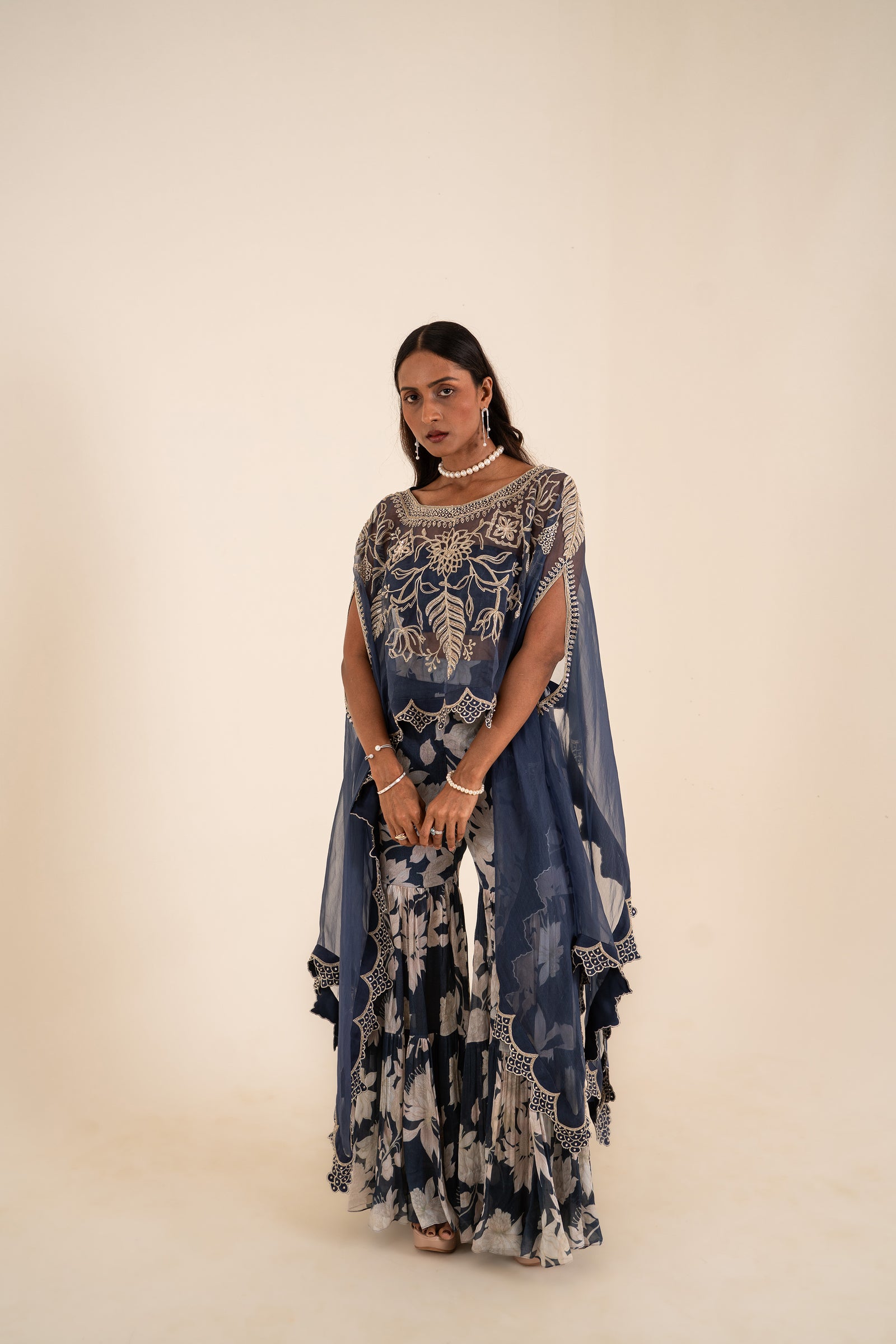 A Ocean Blue Shrug Set With Aari Work And Hand-Embroidery