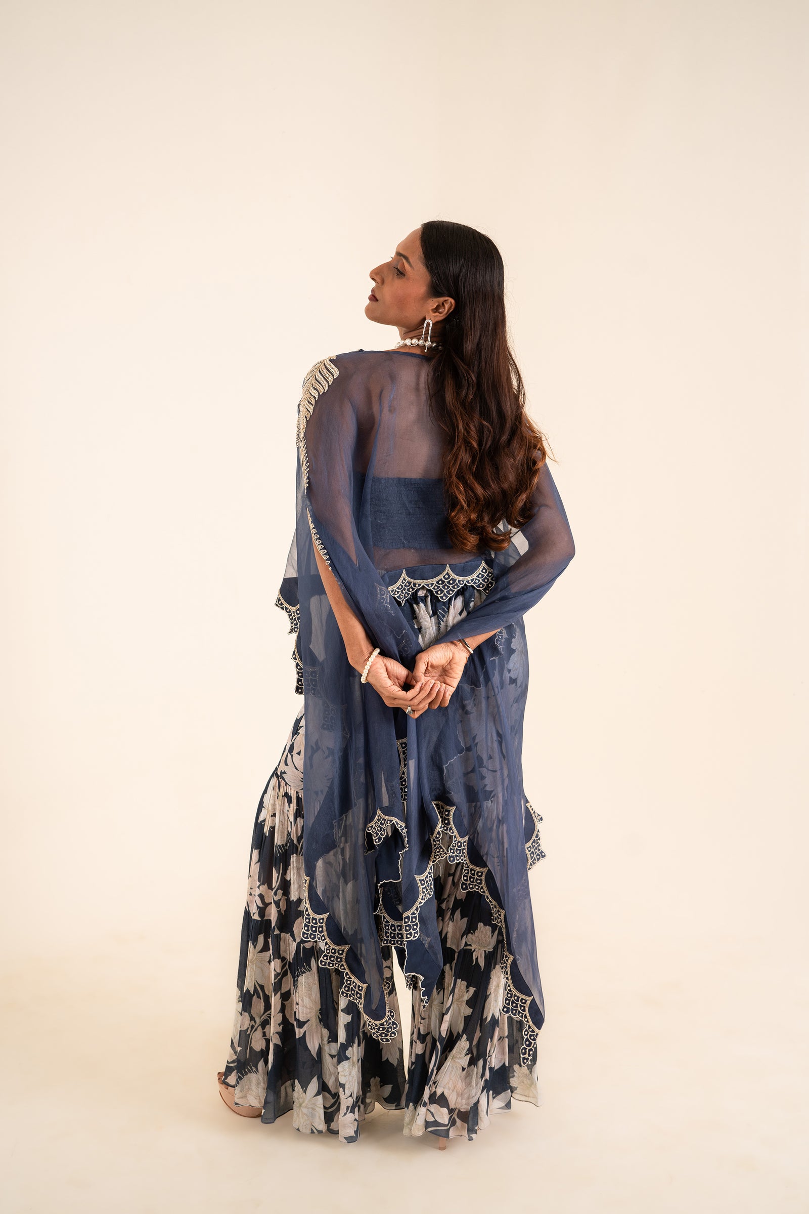 A Ocean Blue Shrug Set With Aari Work And Hand-Embroidery