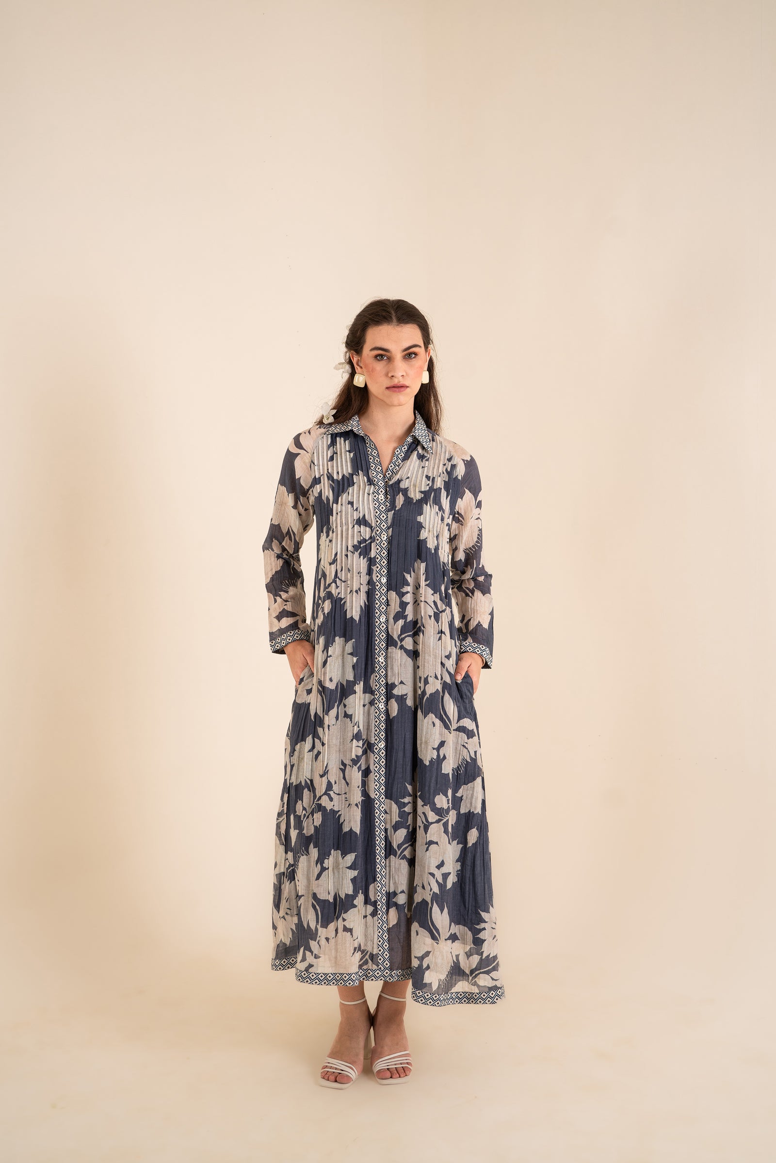 An Indigo Blue Floral Printed Pleted Shirt Dress