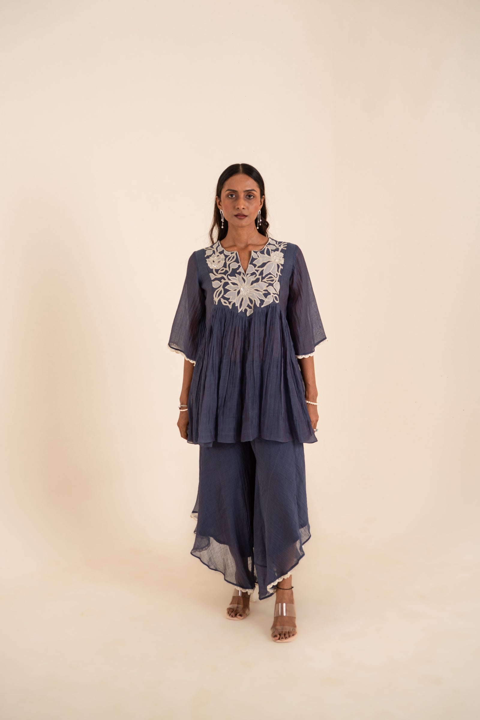 Indigo Blue Peplum Set With Patch Work