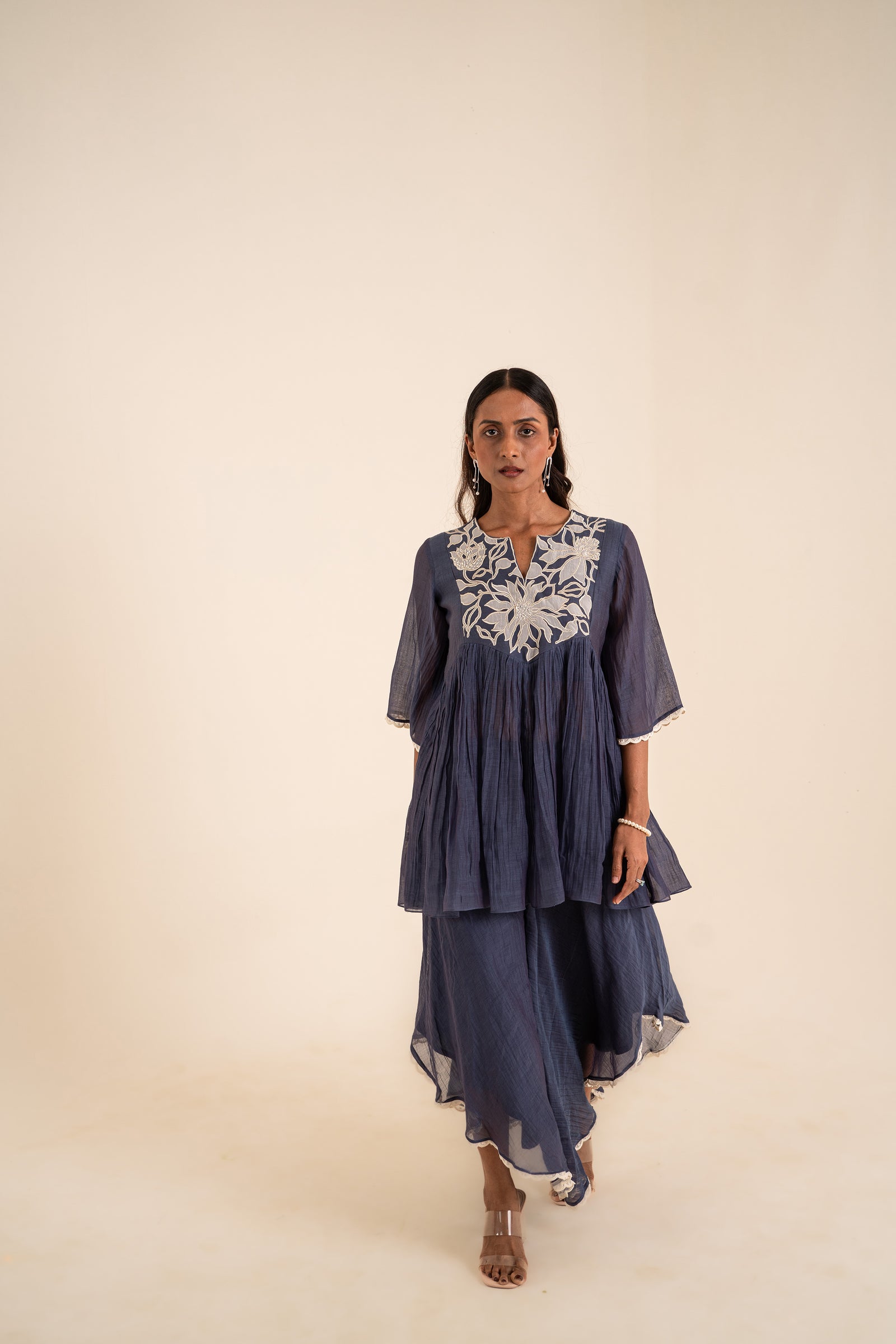 Indigo Blue Peplum Set With Patch Work