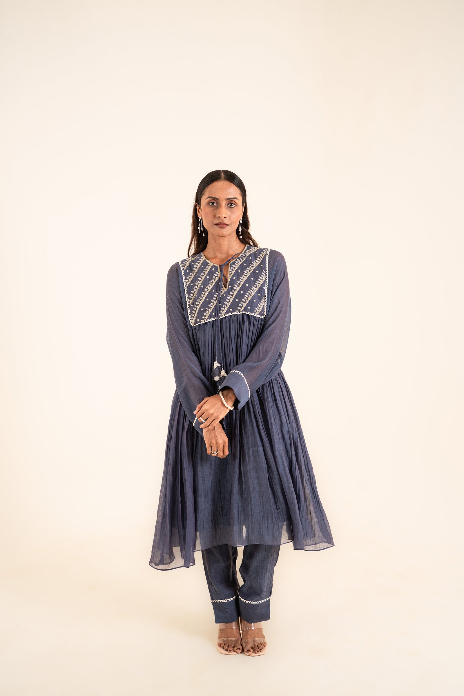 A Kurta Set In Indigo Blue With Aari Work