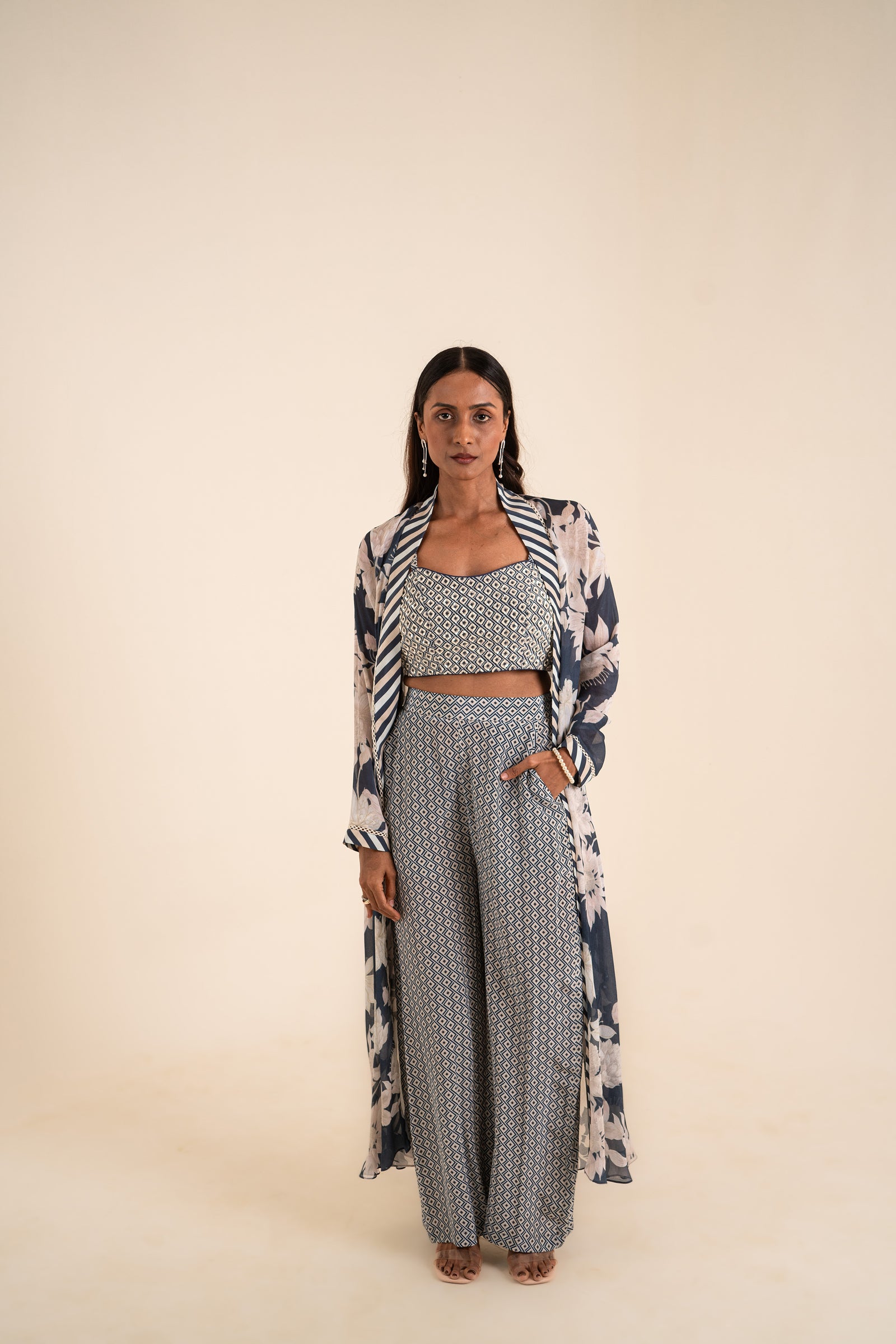 An Indigo Blue Floral Print Jacket Set