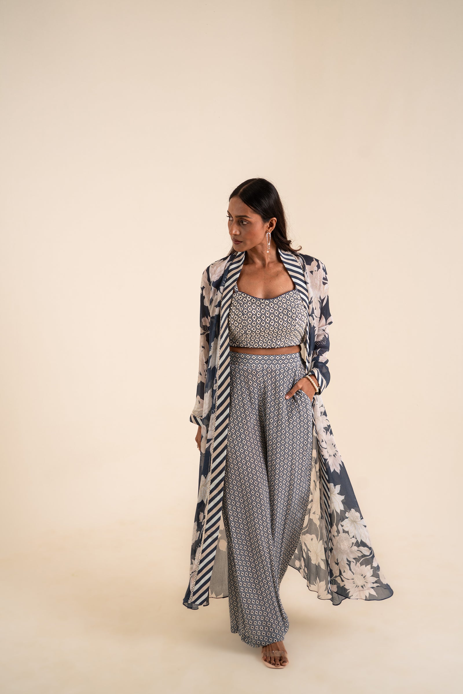 An Indigo Blue Floral Print Jacket Set