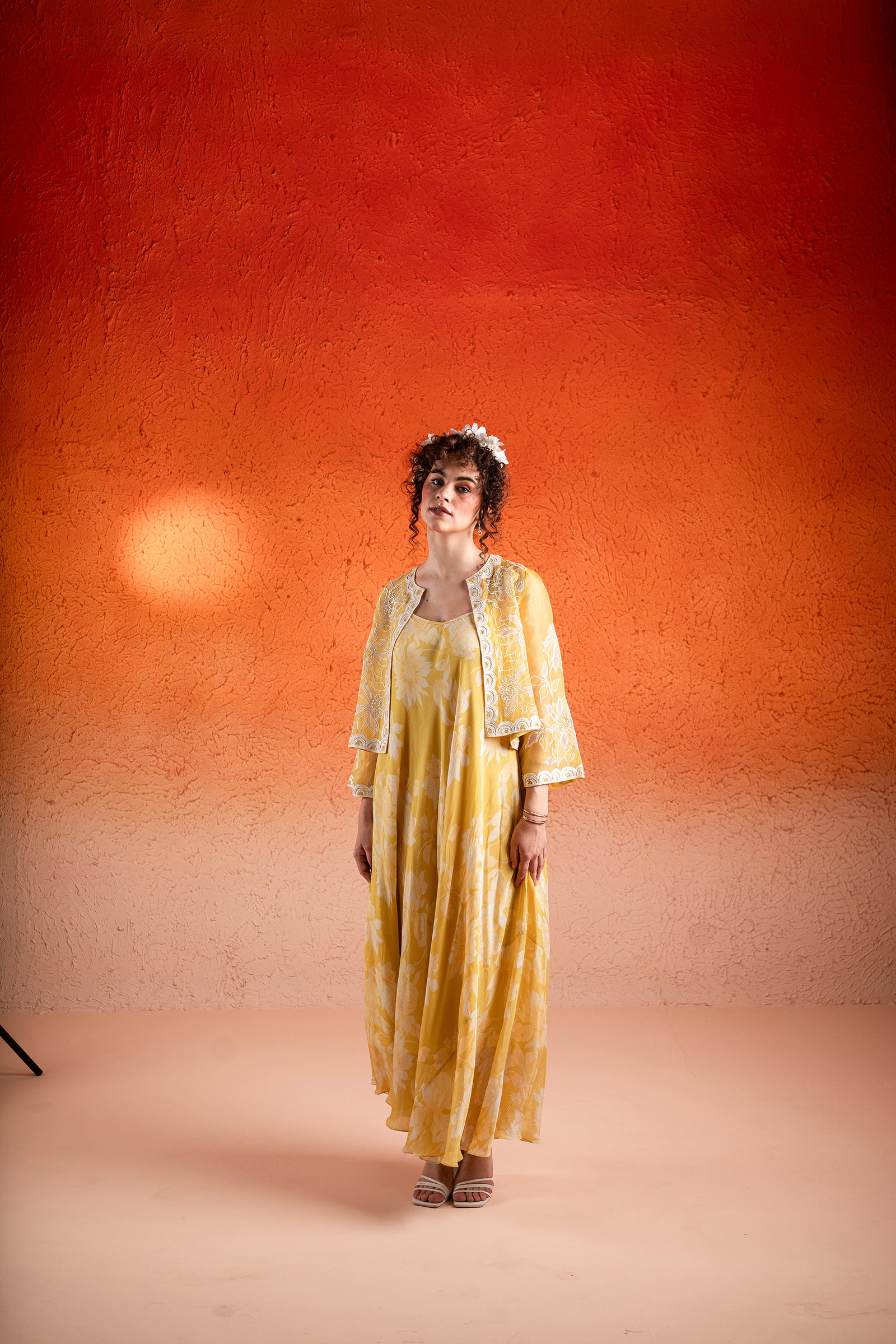 A Floral Printed A-Line Maxi Dress Paired With Handcrafted Jacket