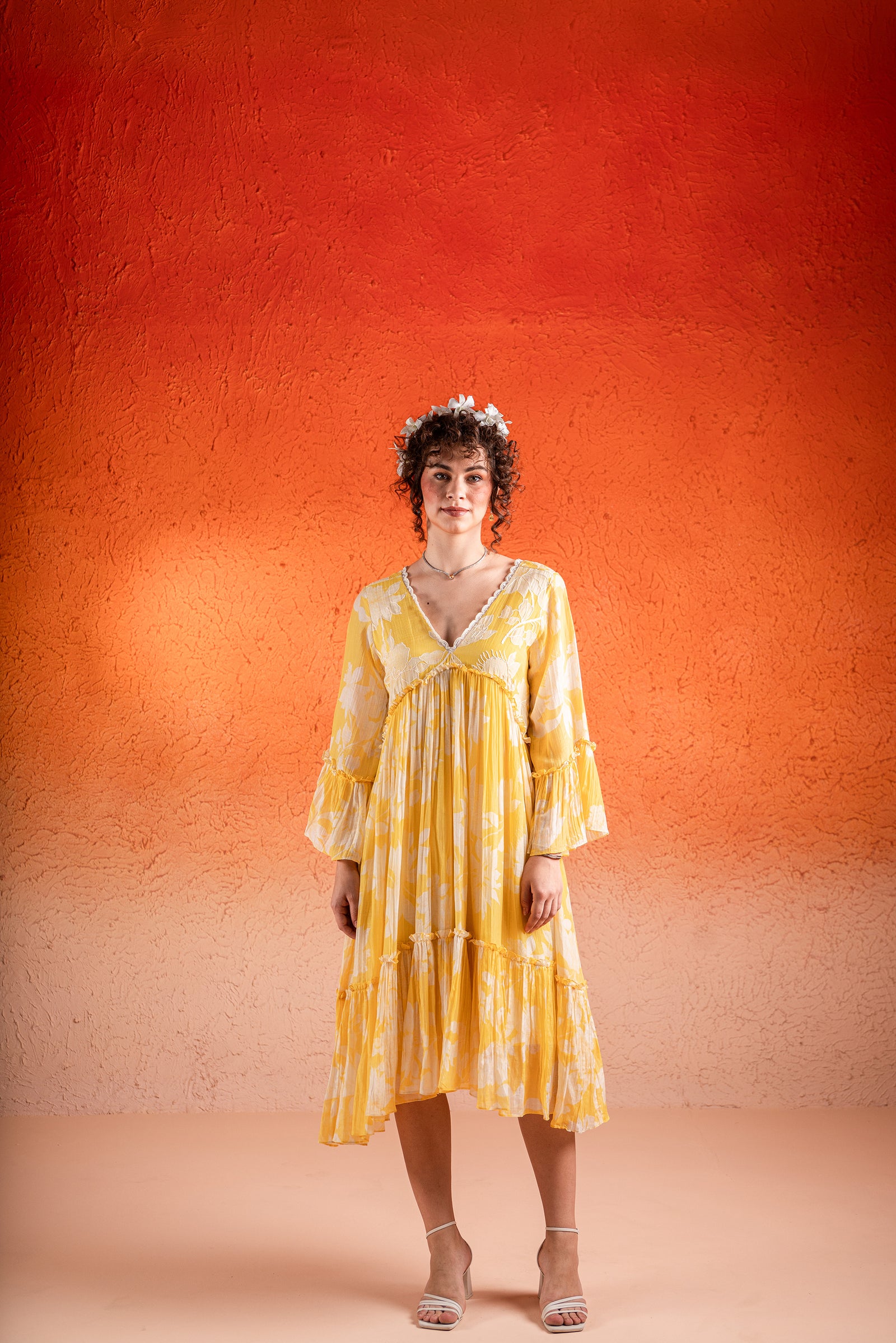 A Corn Yellow Floral Printed Deep V Neck Dress