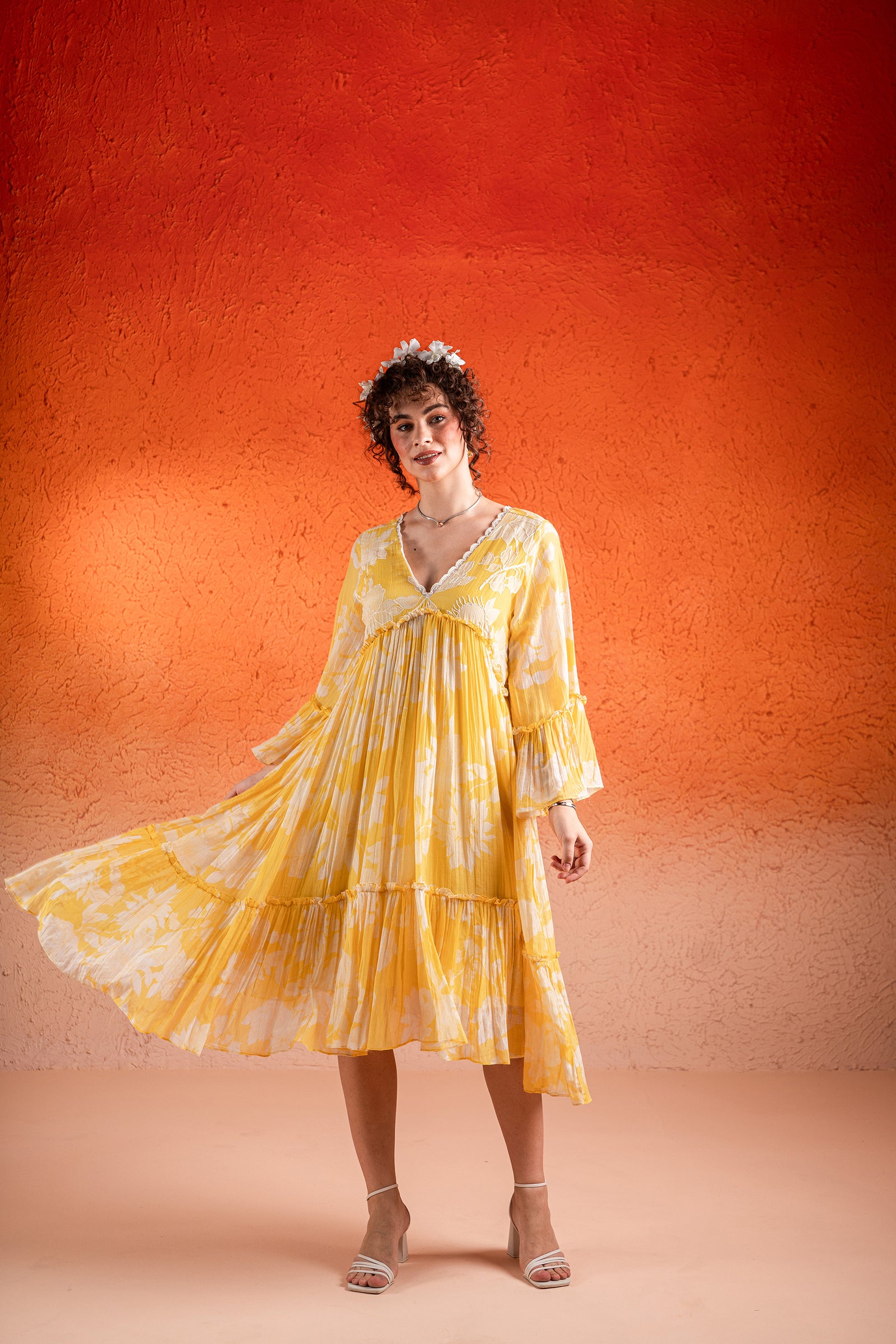 A Corn Yellow Floral Printed Deep V Neck Dress