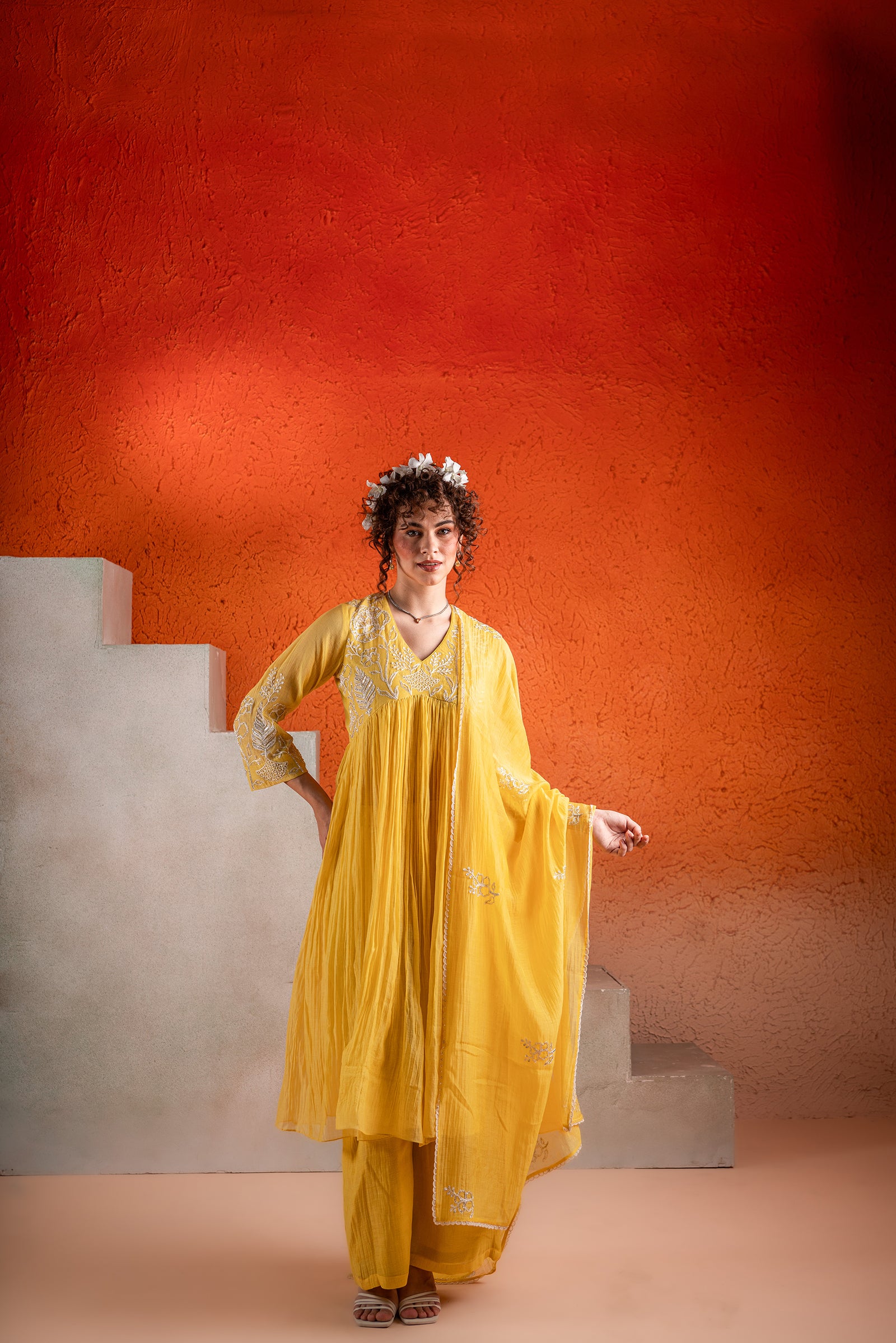 A Corn Yellow Anarkali Outfit Made From Chanderi Fabric