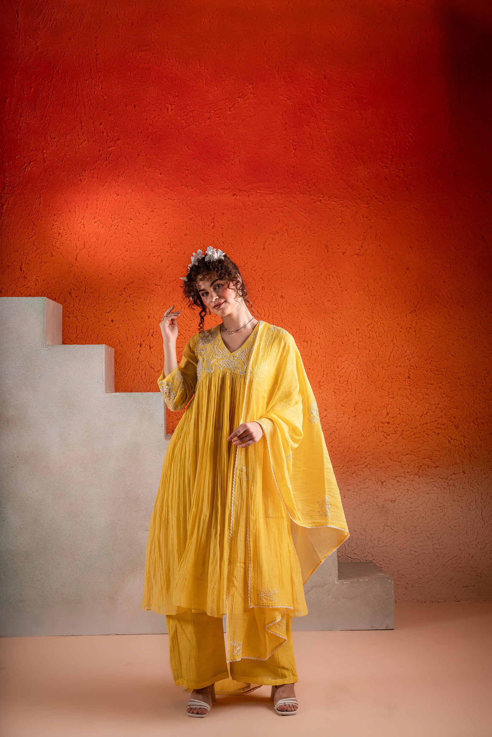 A Corn Yellow Anarkali Outfit Made From Chanderi Fabric