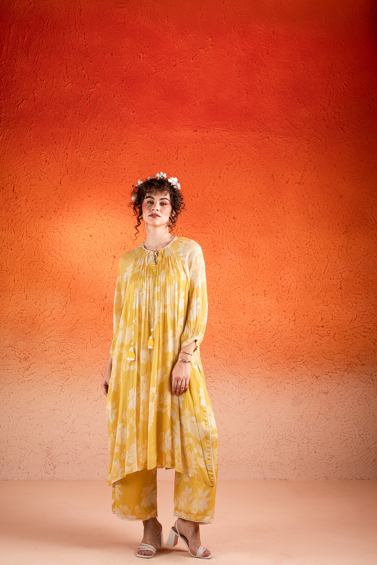 A Corn Yellow Printed Chiffon Kurta Set