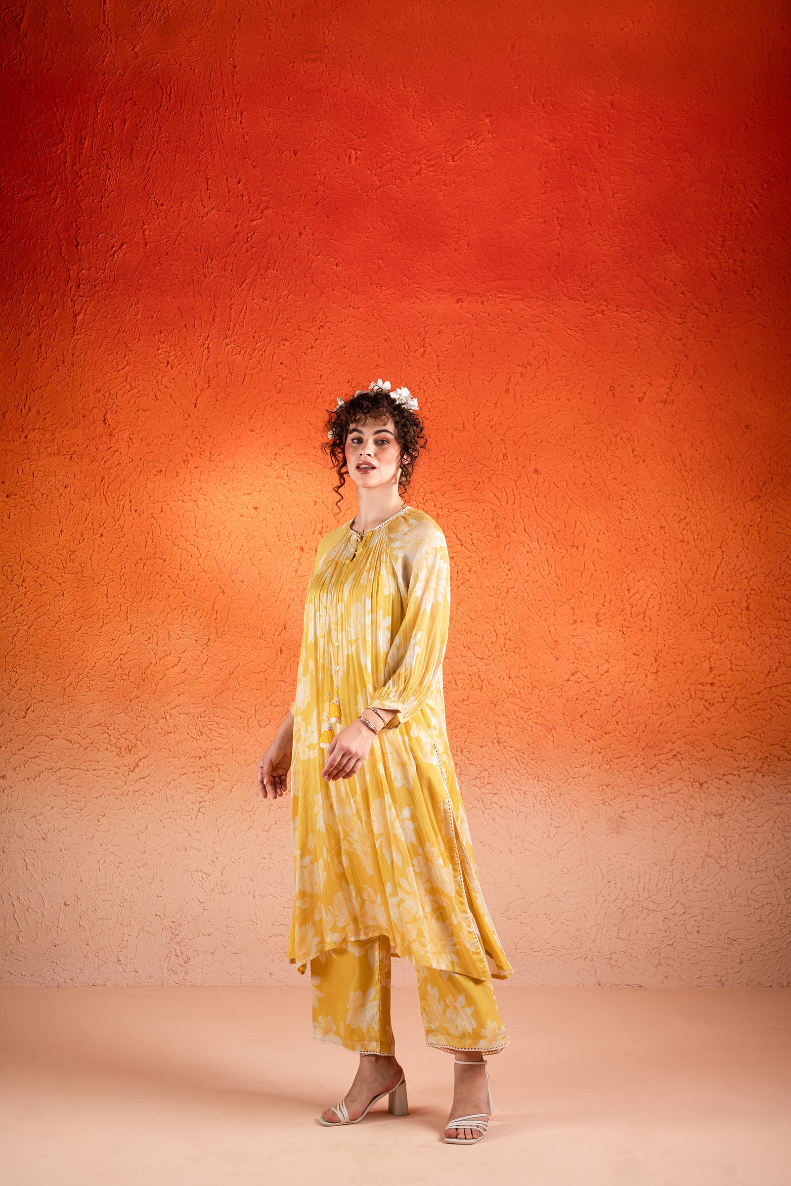 A Corn Yellow Printed Chiffon Kurta Set