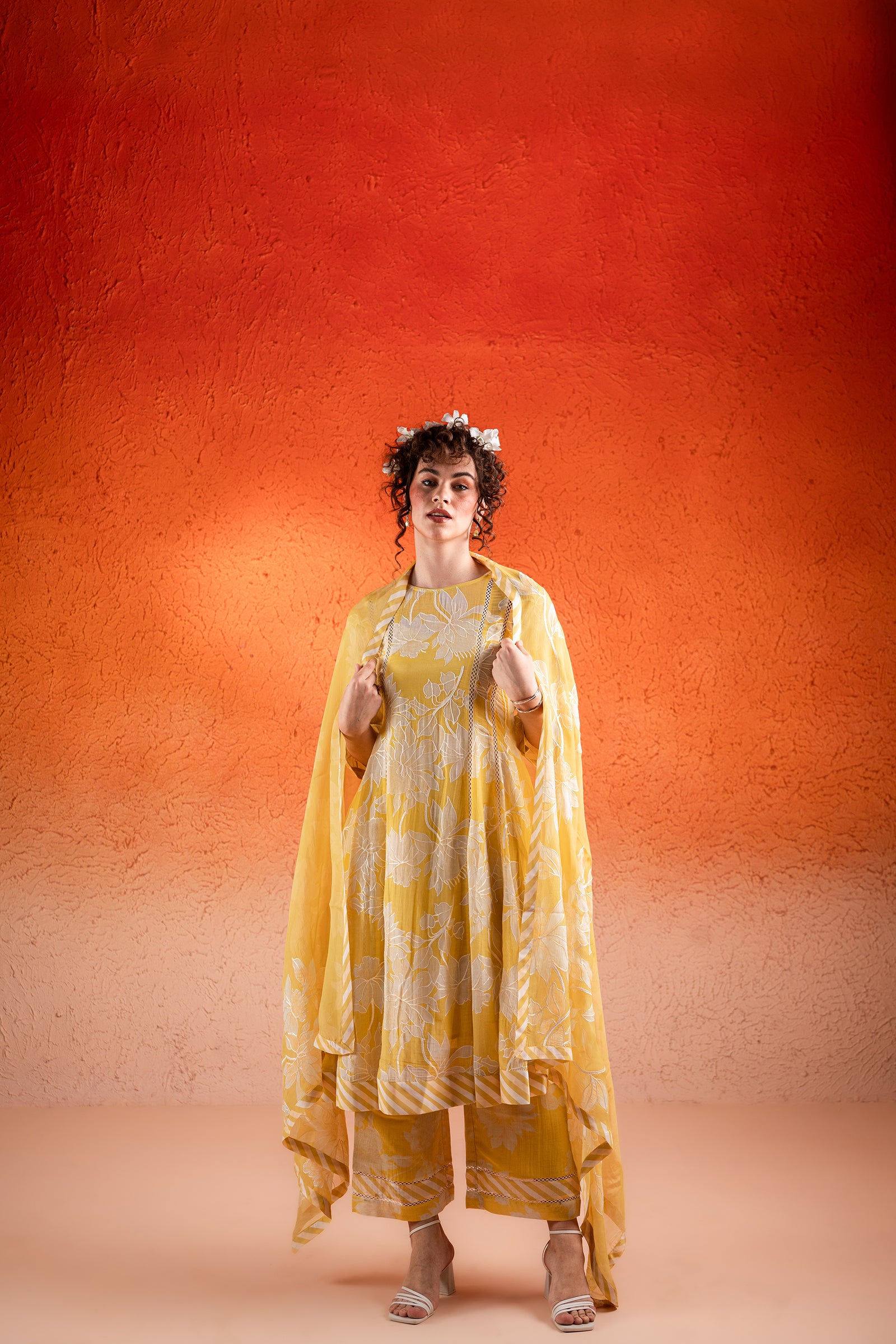 A Corn Yellow Floral Printed Paneled Kurta Set