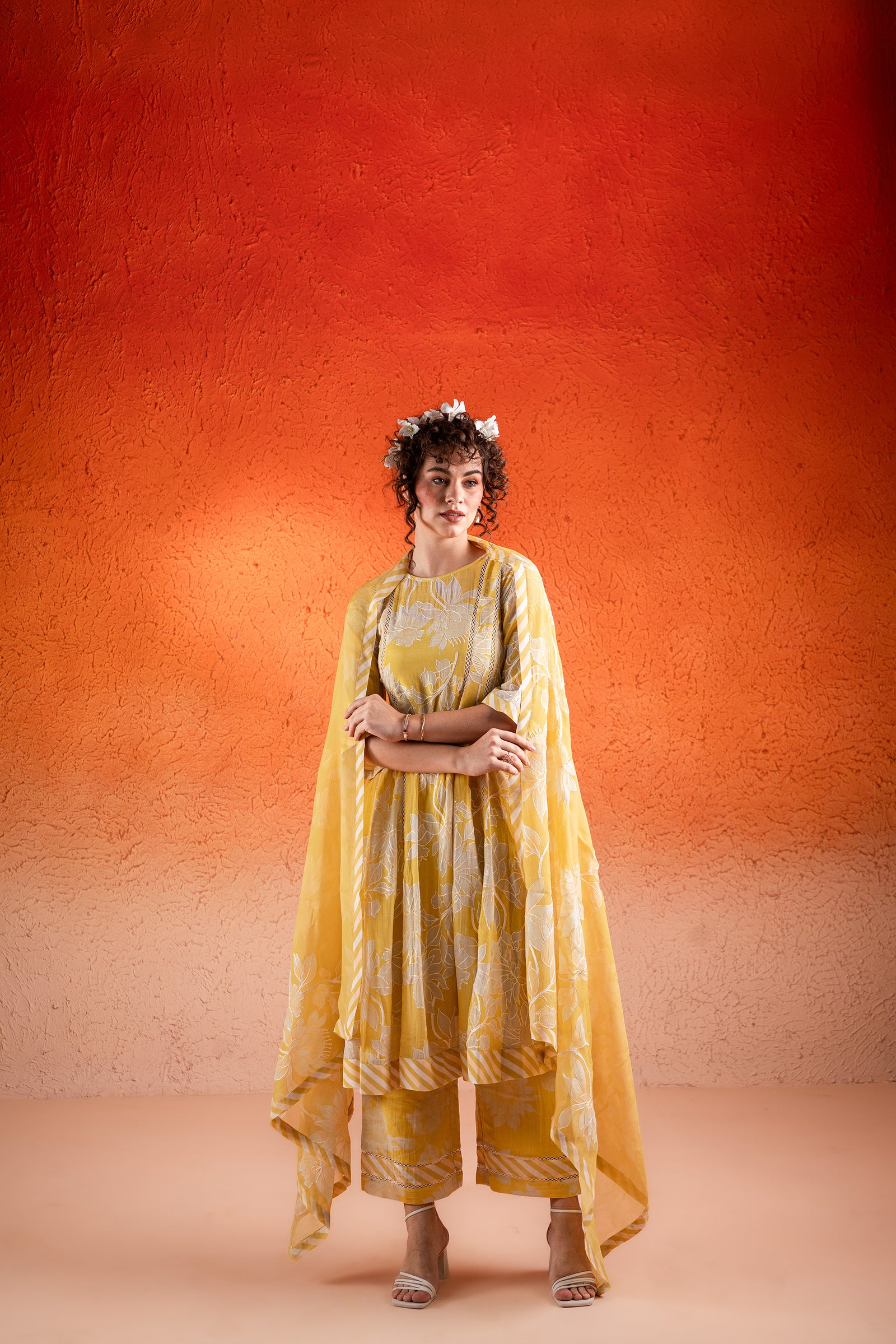 A Corn Yellow Floral Printed Paneled Kurta Set