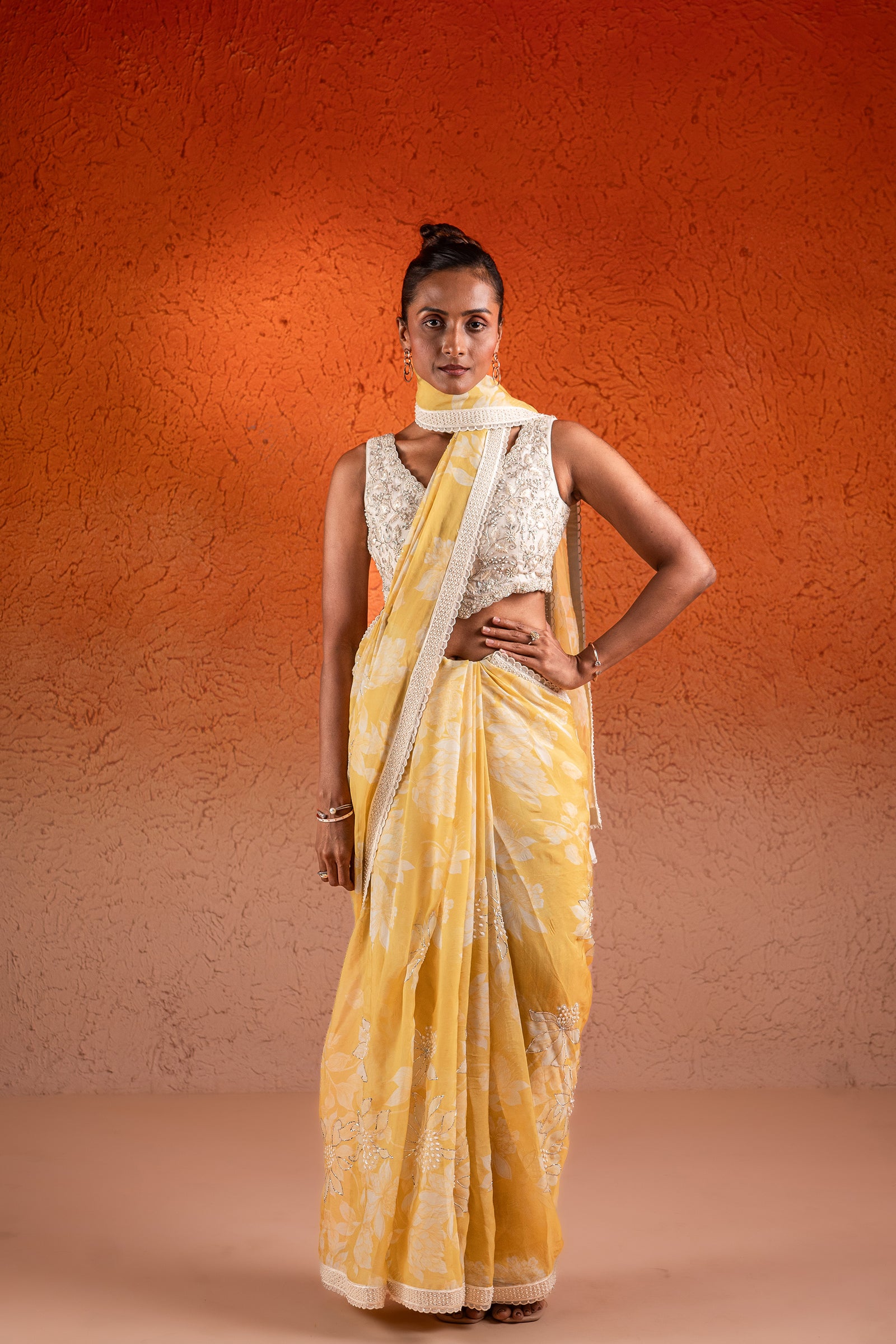 An Un-Stitched Saree Set In Corn Yellow Color