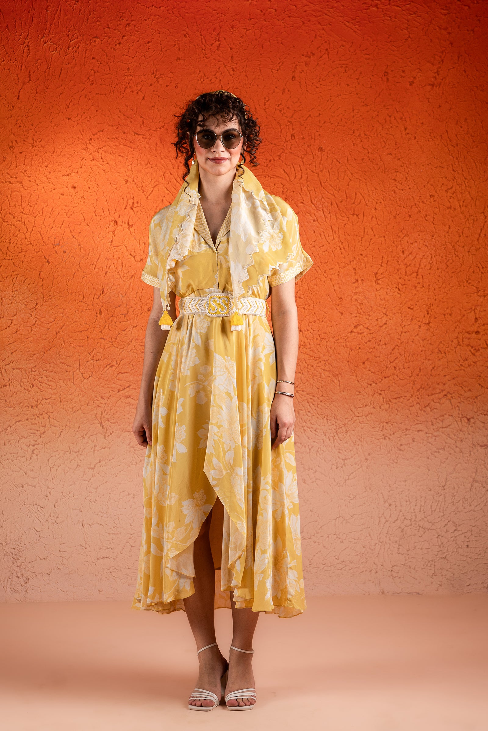 A Corn Yellow Printed Asymmetrical Dress