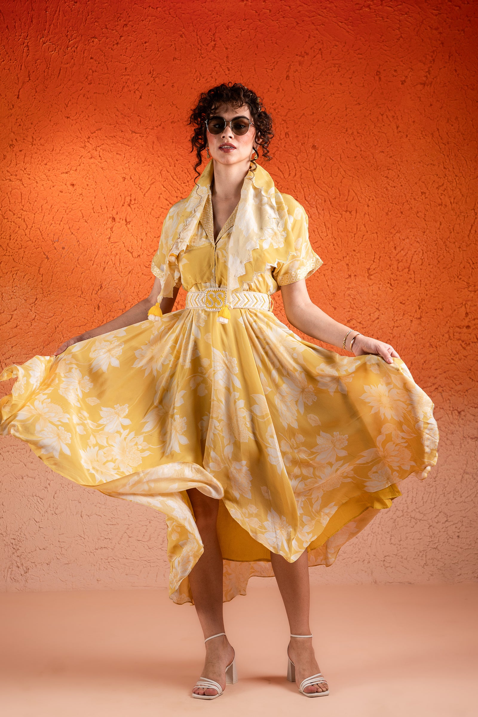 A Corn Yellow Printed Asymmetrical Dress