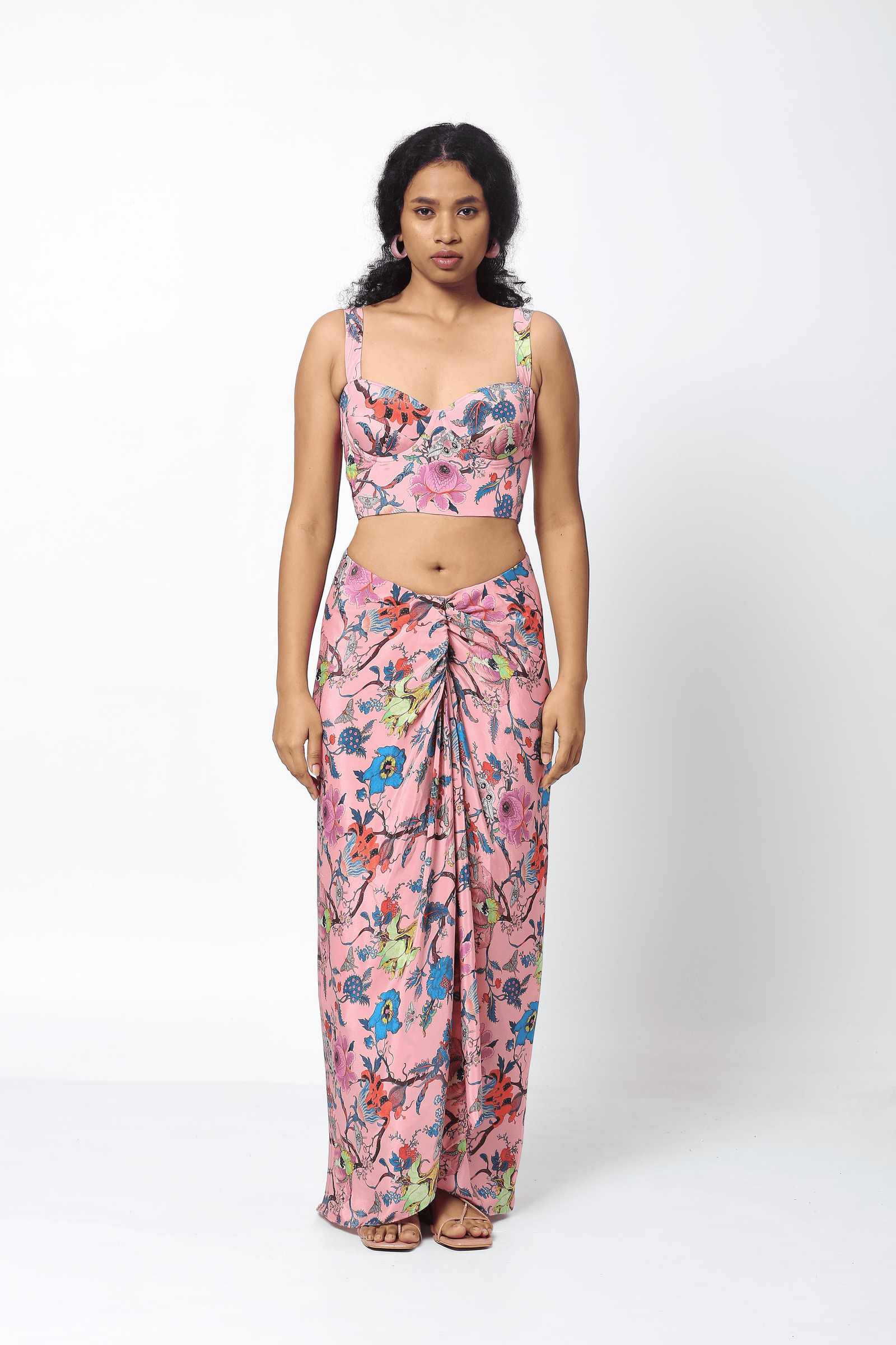 Pink Crepe Fringe Cape With Elongated Sleeves