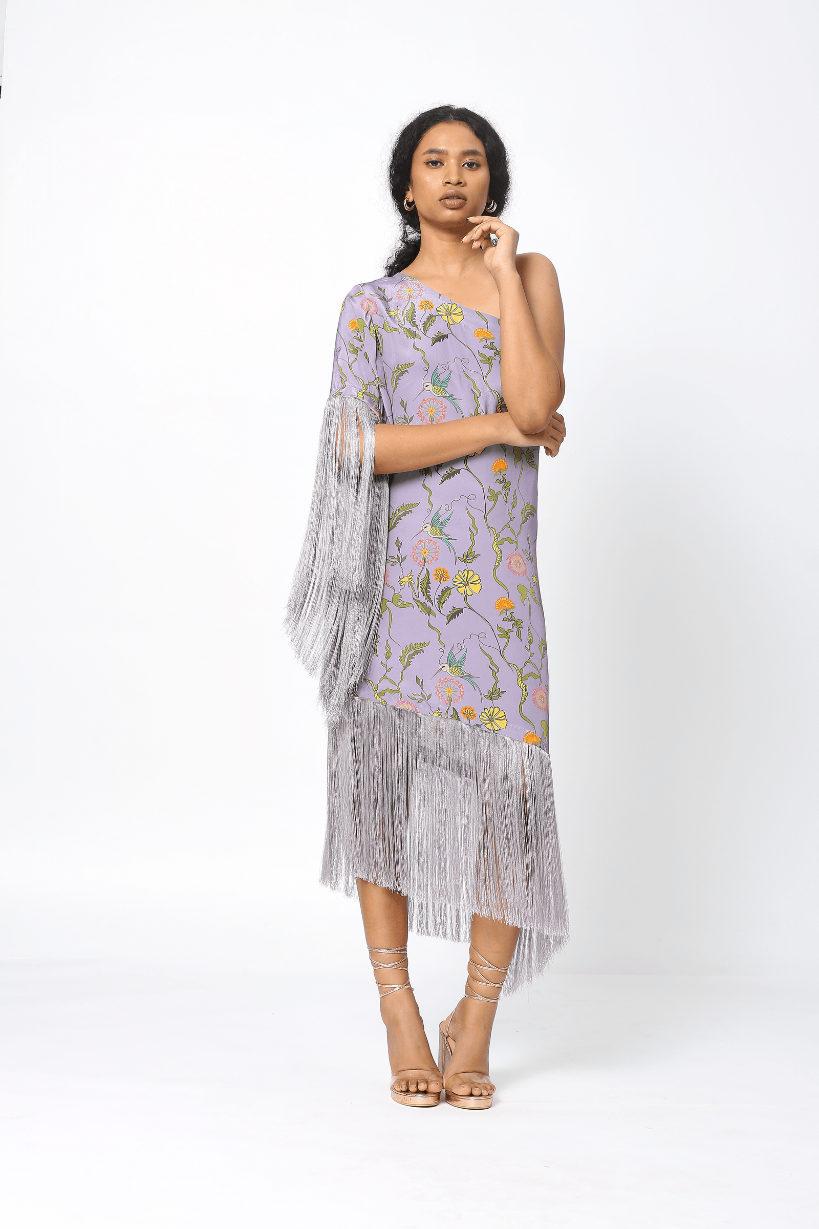 Purple Crepe One Shoulder Fringe Dress