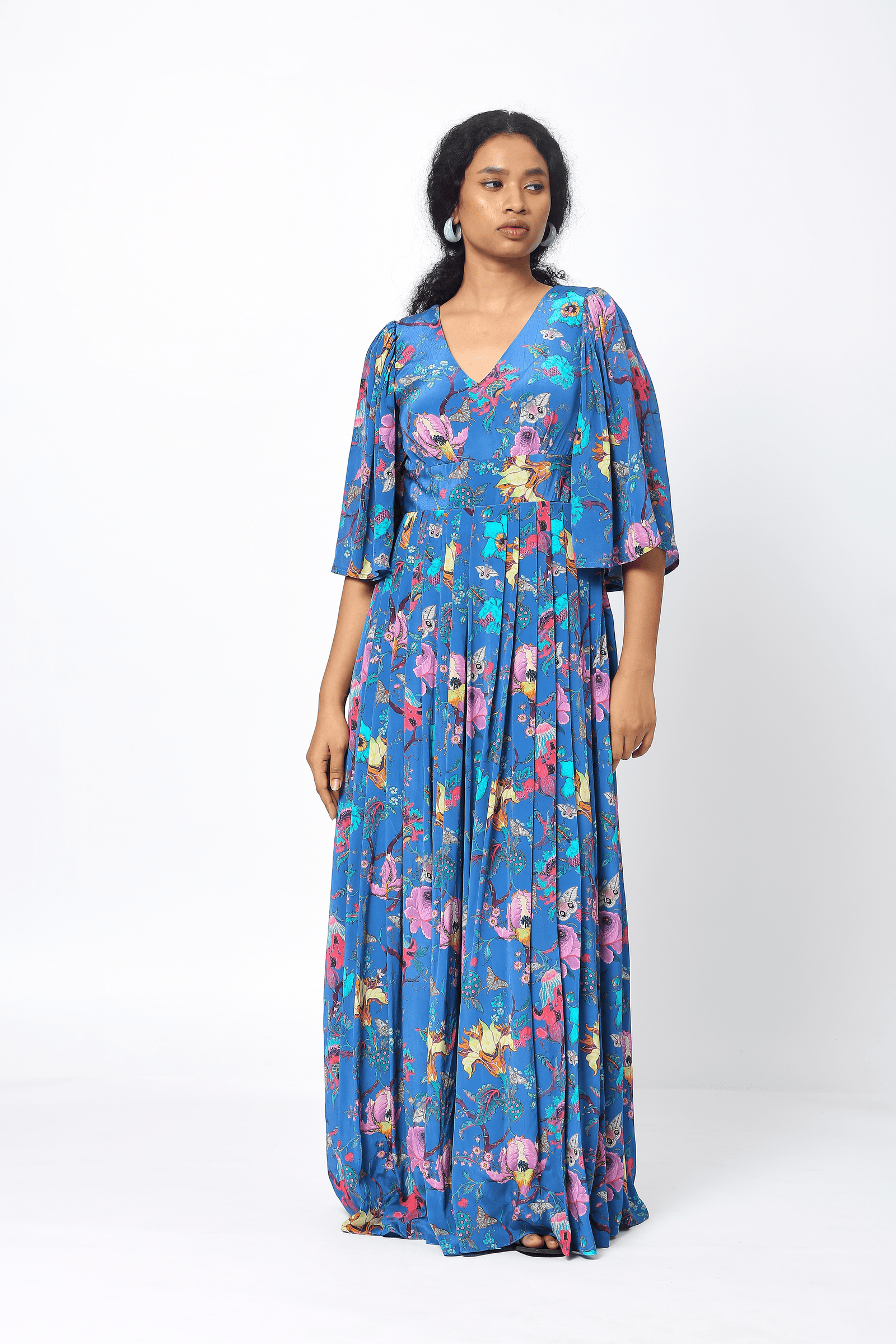 Blue Crepe Pleated Maxi Dress
