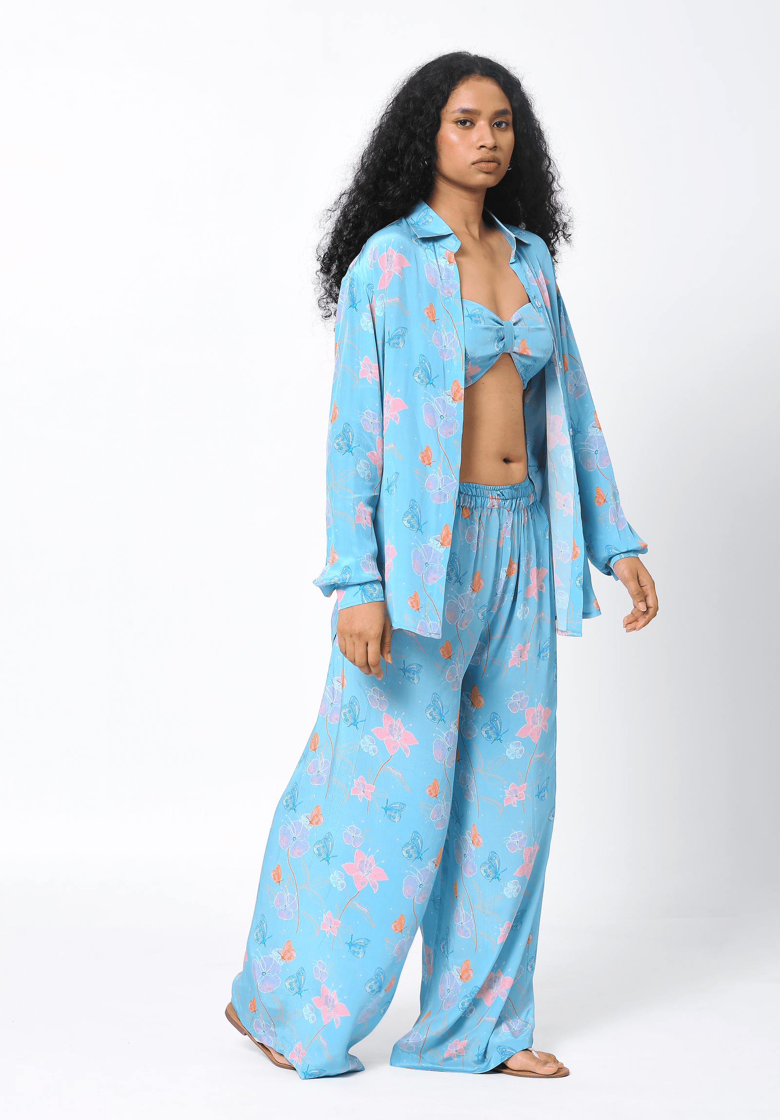 Blue Crepe Bralette With Oversized Shirt & Pants