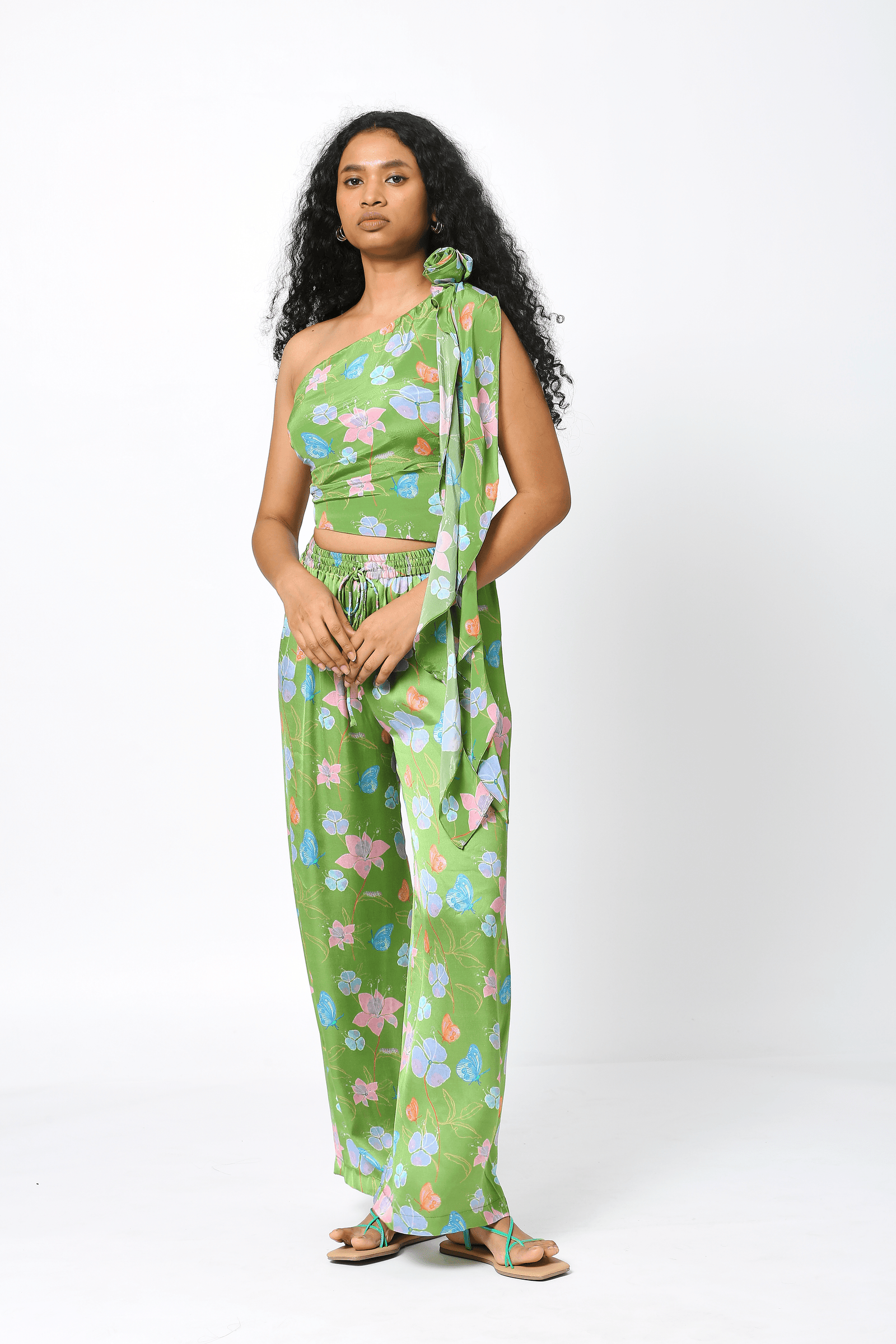 Green Crepe One Shoulder Draped Top